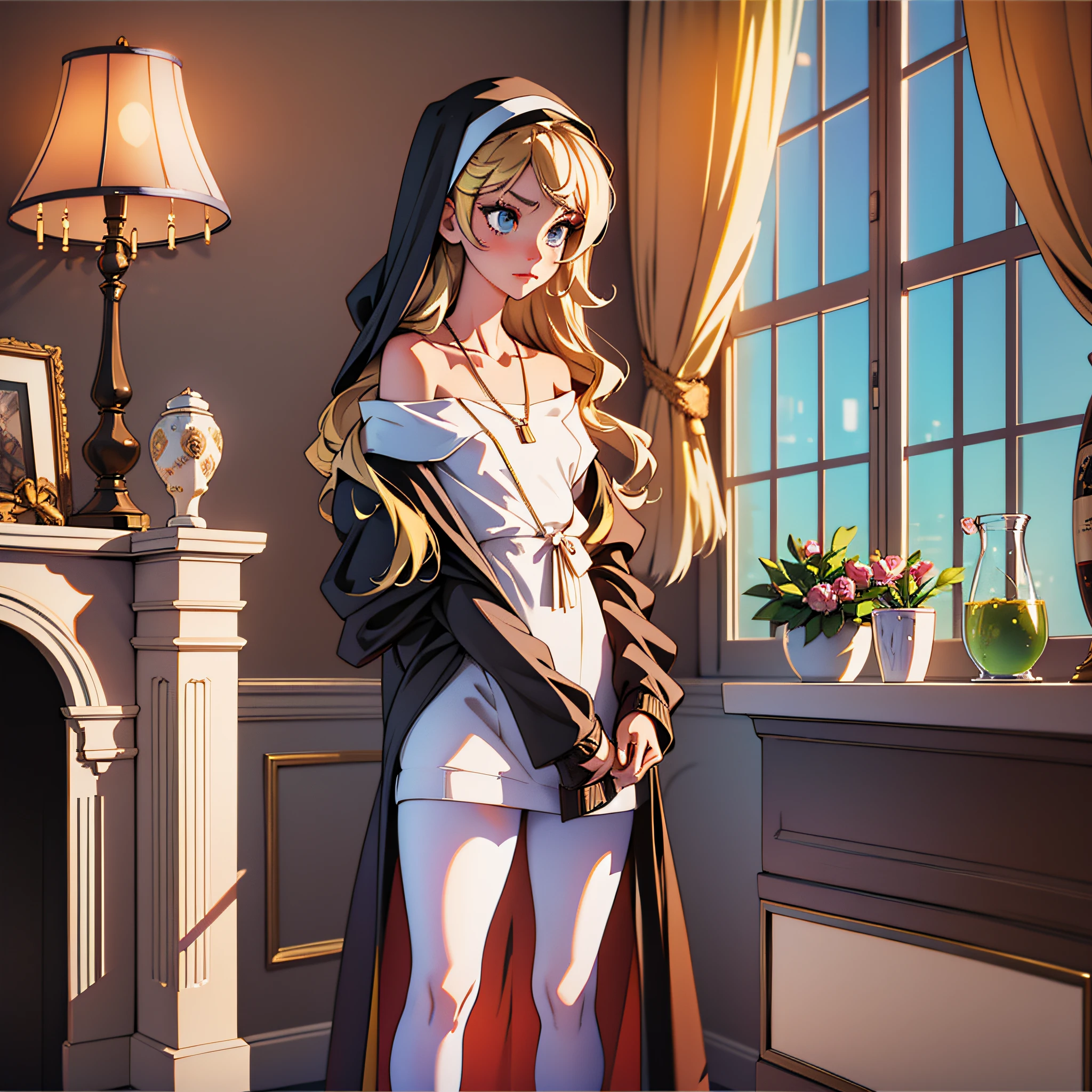 (makeup: 0.3), beautiful medium beasts, nude, full body shot: 1.3, bokeh: 1.2, interiors, detailed luxury living room, pose model, standing, (small_head), 1 girl, fit, solo, nun, collarbone: 1.3, pelvic_curtain: 1.3, white pantyhose, smooth skin, necklace, blonde_hair, --auto --s2