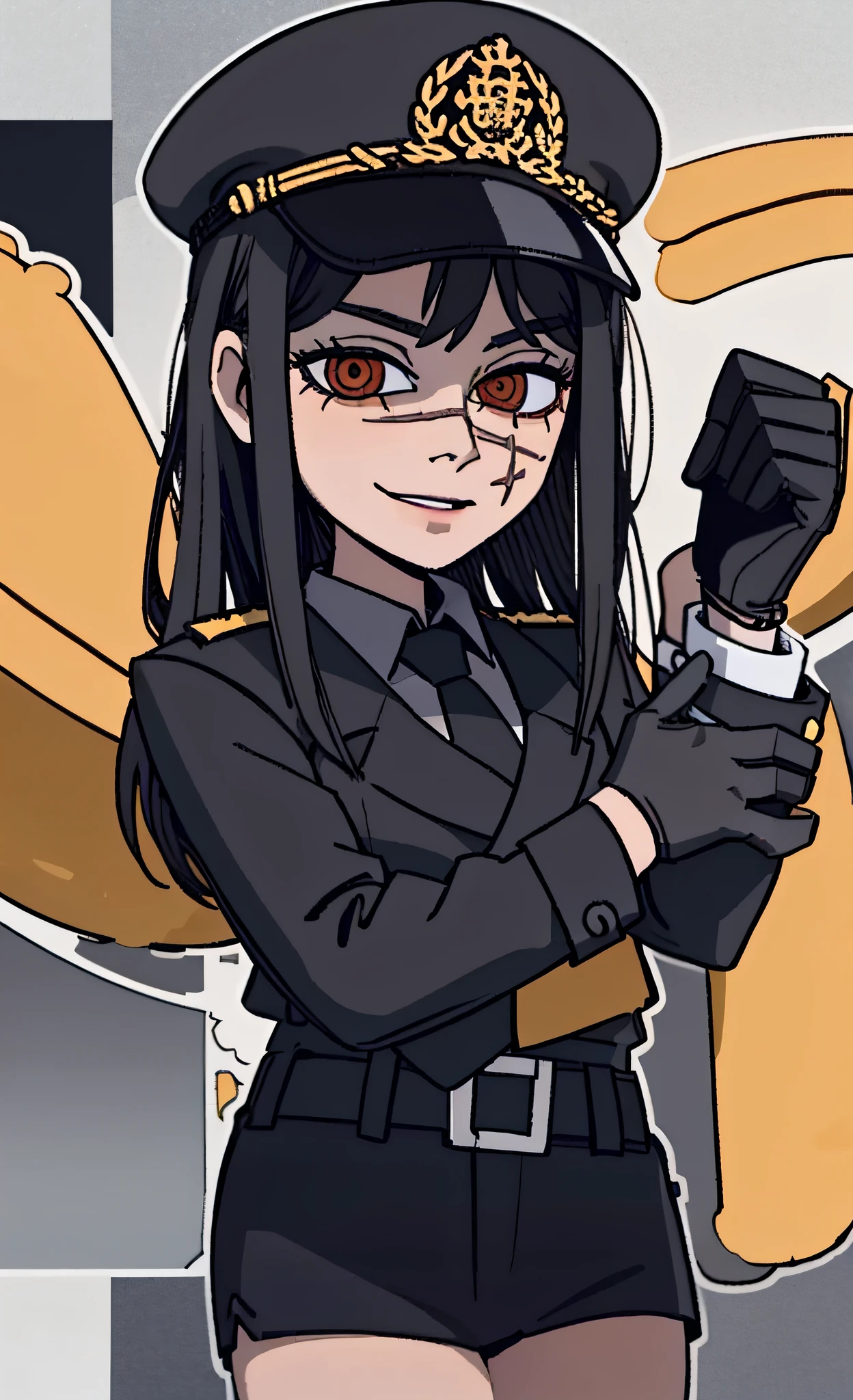 (masterpiece, best quality: 1.2), Solo, 1girl, Yoru \(Chainsaw Man\), looking at the viewer, smile, happy, different poses, red eye, long hair, completely black hair, reference to clothing of a German WWII general, black long sleeves (best quality), scar on face, beautiful eyes, has only 2 arms, has war medals on his clothes, Black Military Cap, Golden Eagle Medal on Clothing, (Wallpaper), (8K HD), (8K HD), Golden Shoulder Pads, Sprites, 1 Single Design