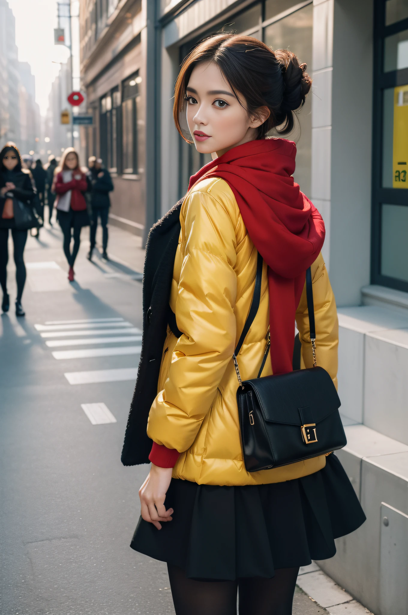 ((Masterpiece)), ((Best Quality)), (Super Detail), ((Very Detail)), 4K, (8K), Best Quality, (Beautiful), Realistic, Realistic Photography, Absurdity, Fall/Winter 2023 Trend Fashion, Red and Yellow Combination, Office Look Commuting Style, Triumphant Look, Self-Righteous Look, Self-satisfied Expression, Natural Light, Round Face, Pretty Beauty,