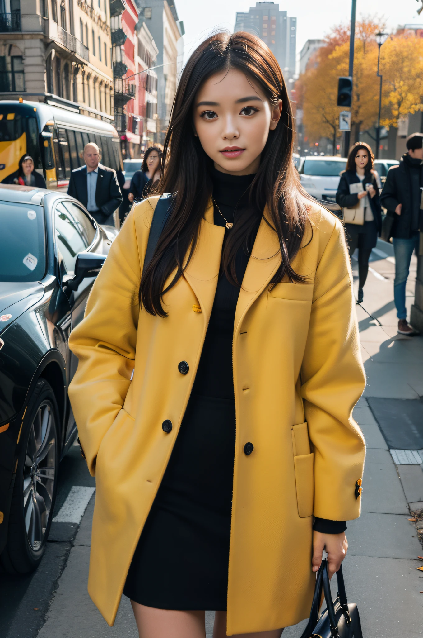 ((Masterpiece)), ((Best Quality)), (Super Detail), ((Very Detail)), 4K, (8K), Best Quality, (Beautiful), Realistic, Realistic Photography, Absurdity, Fall/Winter 2023 Trend Fashion, Red and Yellow Combination, Office Look Commuting Style, Triumphant Look, Self-Righteous Look, Self-satisfied Expression, Natural Light, Round Face, Pretty Beauty,