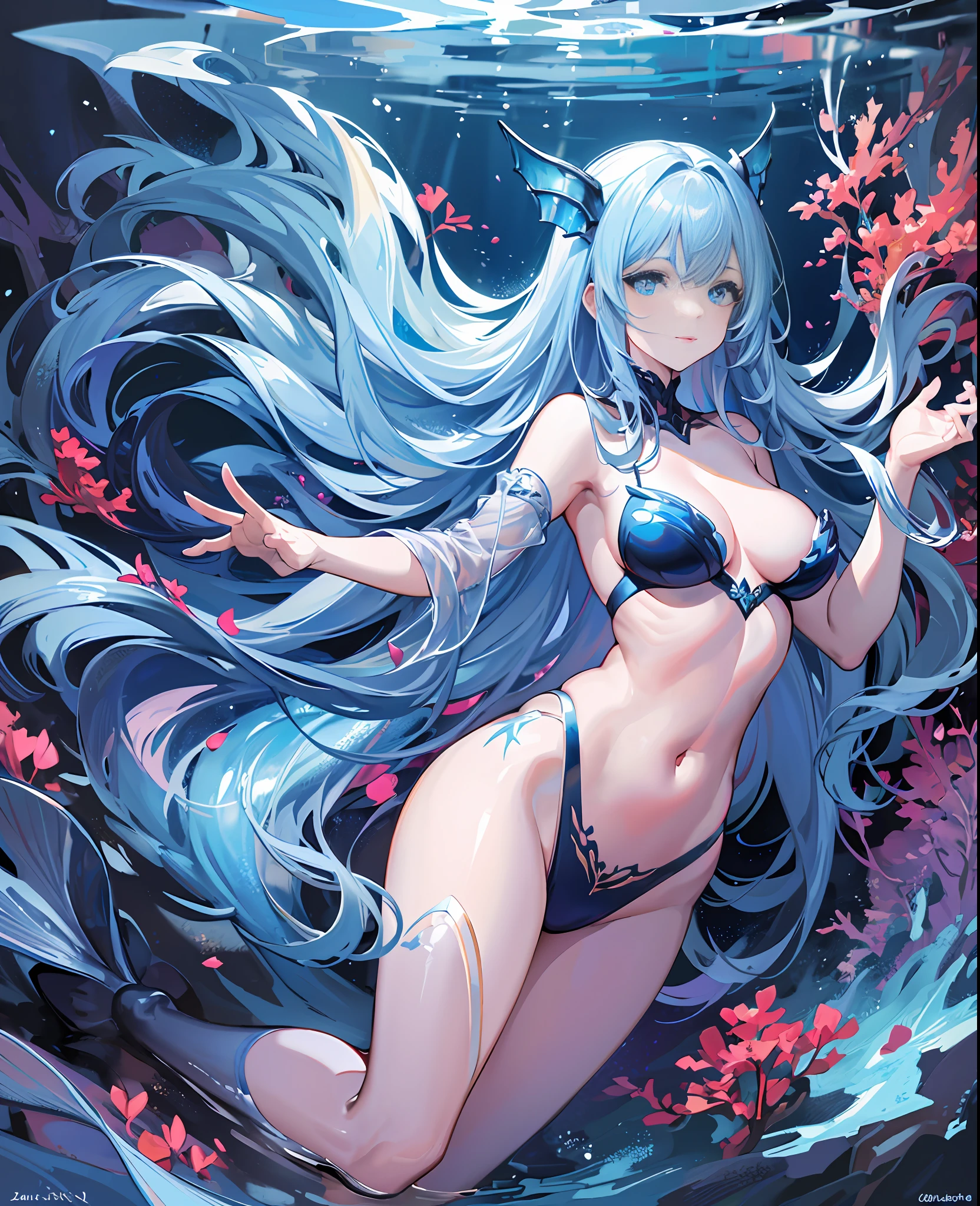 (masterpiece), high quality, exquisite details, dynamic posture and angle, (1 mermaid), blue eyes, beautiful scales, twinkling tail, floating in the water, creating high-quality light and shadow effects, deep blue seabed, coral, jellyfish, strong sense of atmosphere, undulating water, rich vegetation, exuding an intoxicating atmosphere.