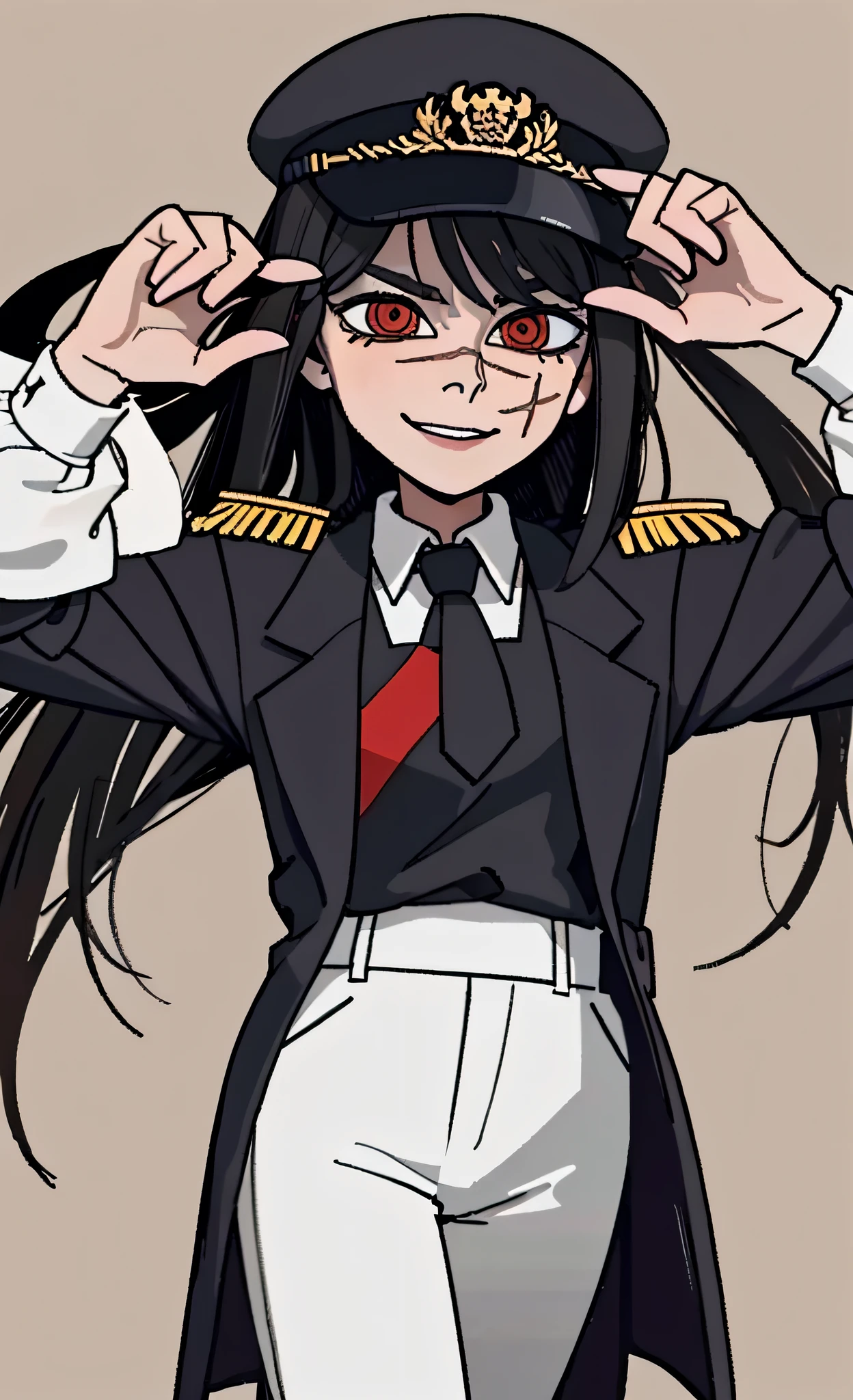 (masterpiece, best quality: 1.2), Solo, 1girl, Yoru \(Chainsaw Man\), looking at the viewer, smile, happy, different poses, red eye, long hair, completely black hair, reference to clothing of a German WWII general, black long sleeves (best quality), scar on face, beautiful eyes, has only 2 arms, has war medals on his clothes,  Black Military Cap, Golden Eagle Medal on Clothing, (Wallpaper), (8K HD), (8K HD), Golden Shoulder Pads, Sprites, 1 Single Design