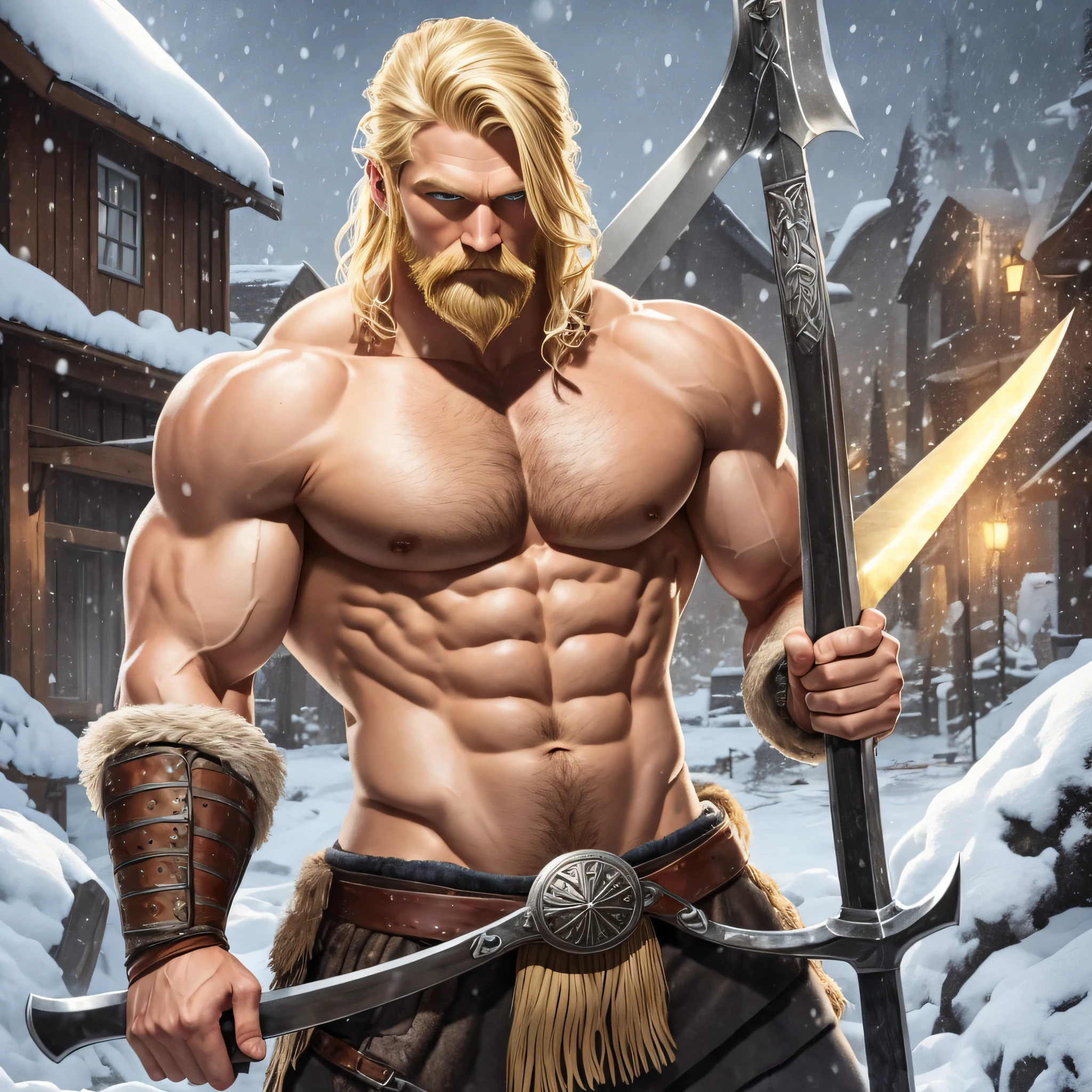 Viking very handsome blonde ultra realsta, muscular, with cuts by the body holding an axe in the snow --auto --s2