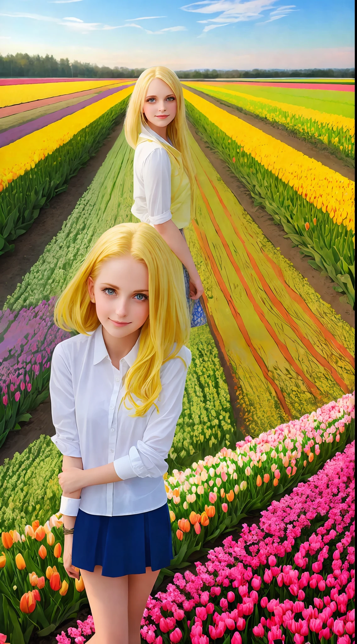 Spring, tulip fields, sunsets, beautiful skies,
Farsighted wide-angle, a beautiful girl in the painting, wearing a short skirt and short yellow hair.