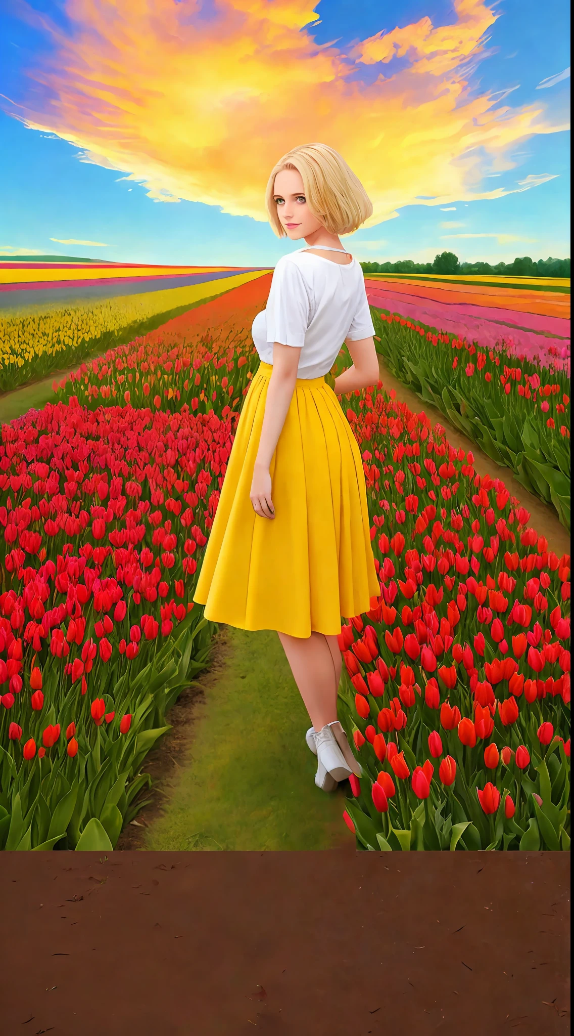 Spring, tulip fields, sunsets, beautiful skies,
Farsighted wide-angle, a beautiful girl in the painting, wearing a short skirt and short yellow hair.
