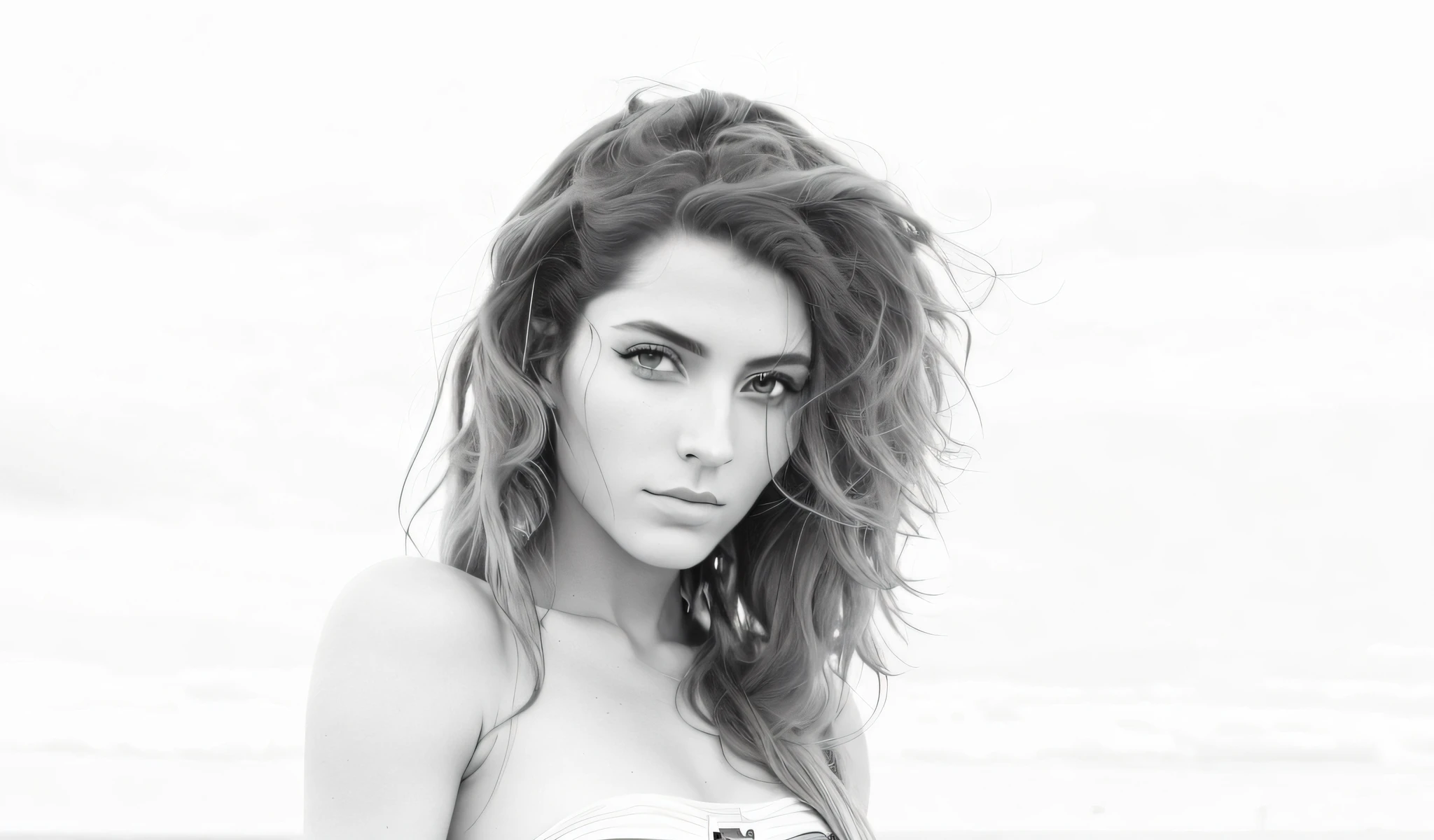 Arafed futuristic woman with long hair and a towel on the beach, black and white portrait, cyborg woman, cyborg girl, intricate cyborg, intricate wlop, portrait of a cyborg, intricate face, cyborg portrait, portrait of a female android, in Brazil, 20 years old, green eyes, intricate trans-human, detailed portrait of a cyborg