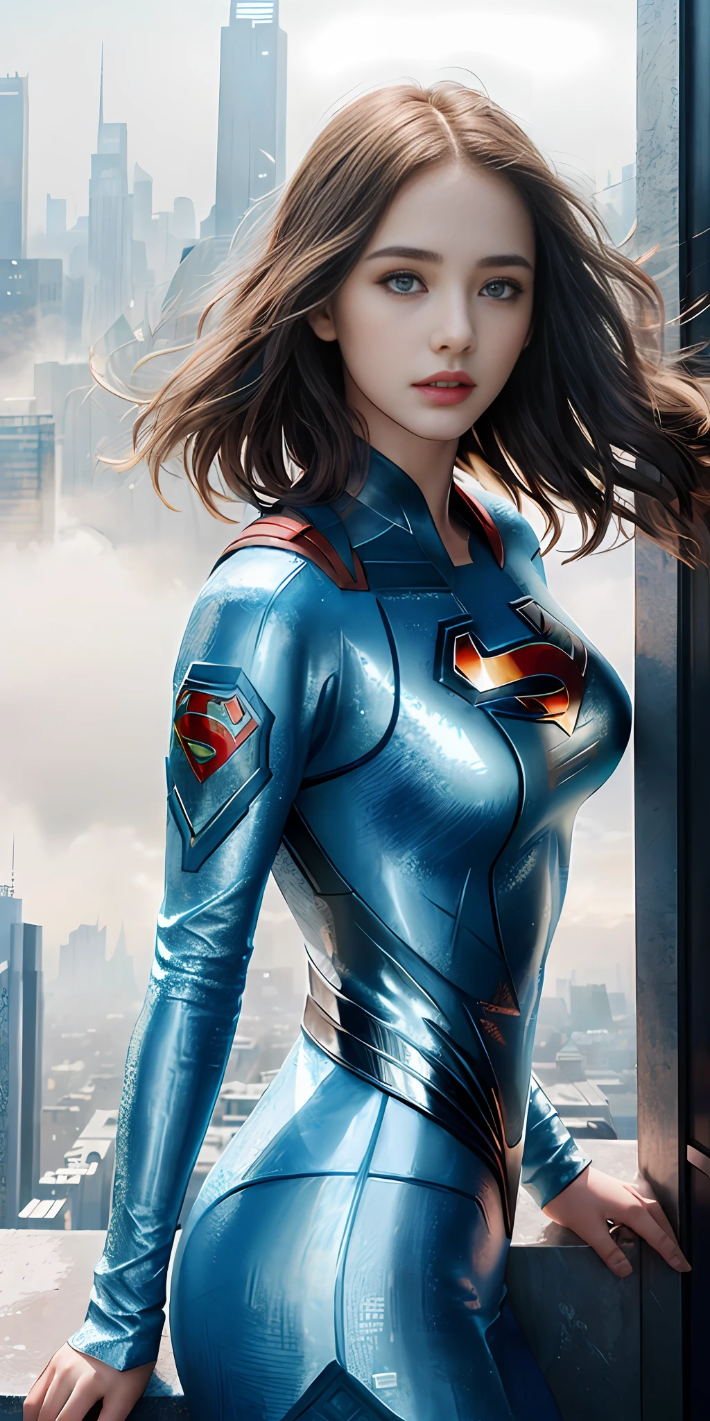 (1girl:1.3), Solo, ((Very detailed face)))), ((Very detailed eyes and face))), Beautiful detail eyes, Body parts__, Official art, Unified 8k wallpaper, Super detailed, beautiful and beautiful, beautiful, masterpiece, best quality, original, super fine photo, best quality, super high resolution, realistic realism, sunlight, full body portrait, amazing beauty, dynamic pose, delicate face, vibrant eyes, (from the front), She wears Superman suit, very detailed city roof background, rooftop, overlooking the city, detailed face, detailed complex busy background, messy, gorgeous, milky white, highly detailed skin, realistic skin details, visible pores, clear focus, volumetric fog, 8k uhd, DSLR, high quality, film grain, fair skin, photo realism, lomography, futuristic dystopian giant metropolis, translucent
