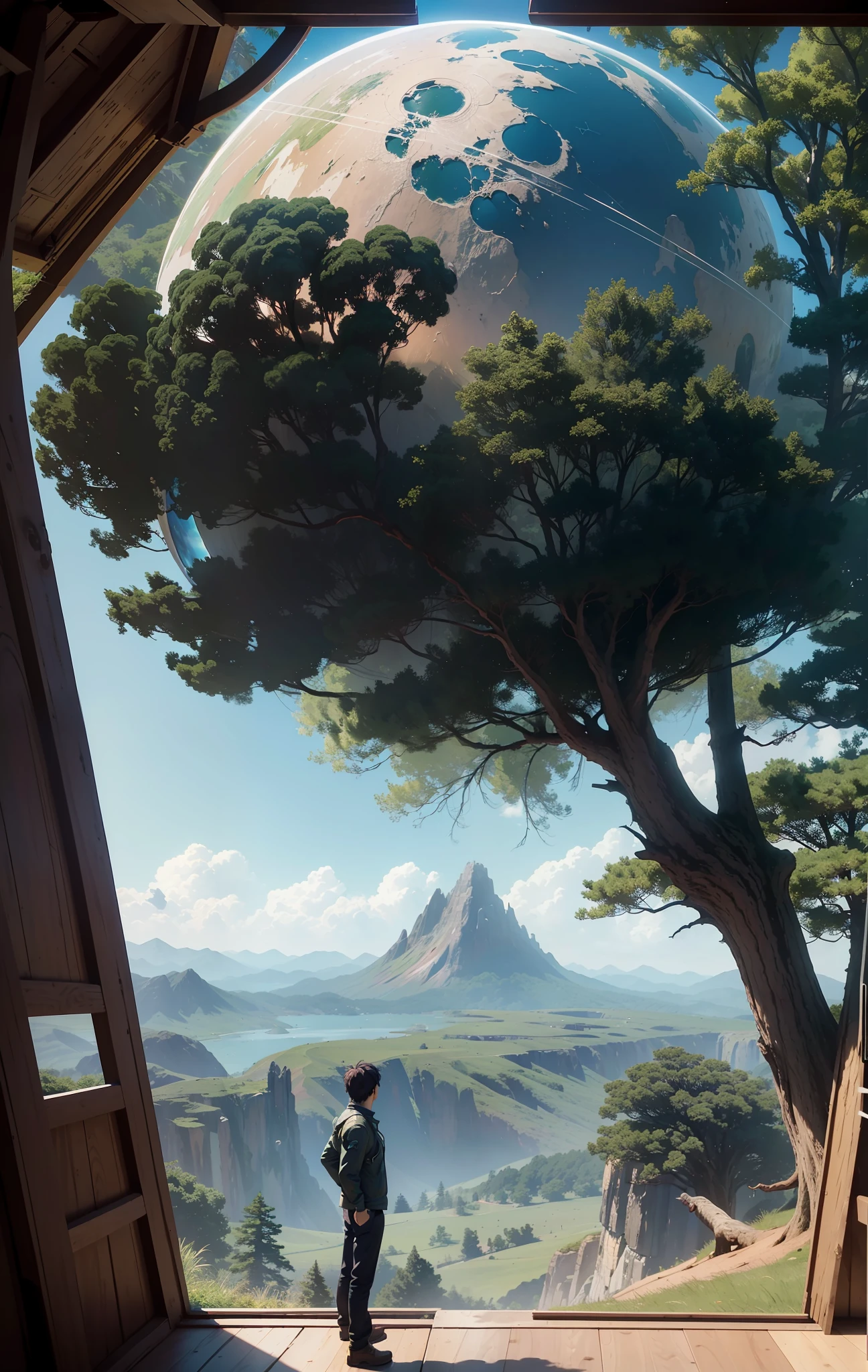 A very detailed matte painting depicting a man looking at a giant tree and planet on a mountain, by Makoto Shinkai, by Artgerm, by WLOP, by Greg Rukowski, volumetric lighting, octane rendering, 4K resolution, ArtStation Trends, Masterpiece