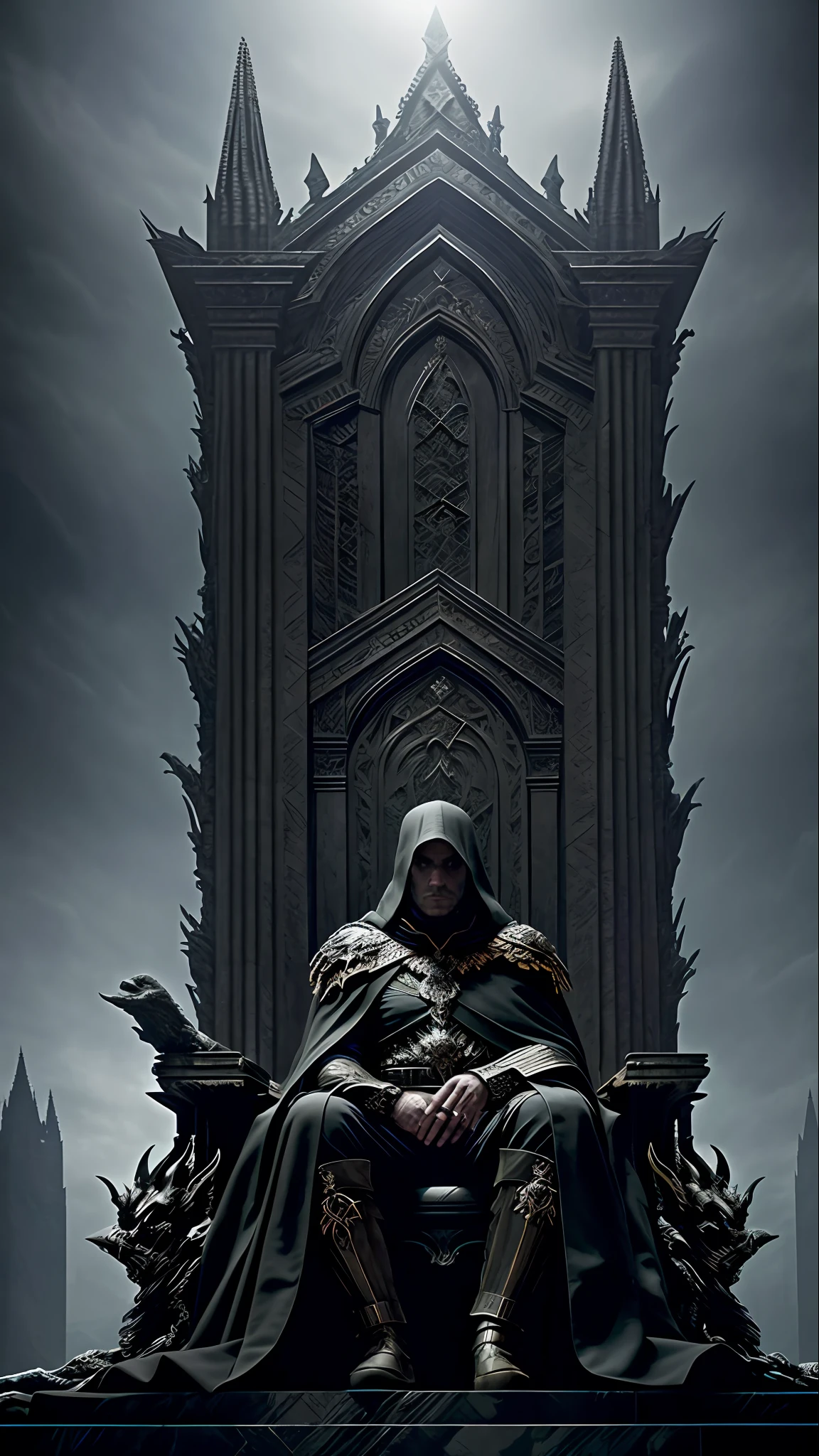In the twilight of a vast and dark hall, rises a throne of massive stone, adorned with intricate and sinister details. Upon this throne, rests a solitary warrior, wrapped in a dark cloak and hooded, whose face remains concealed in the shadows, realistic, 4k, natural