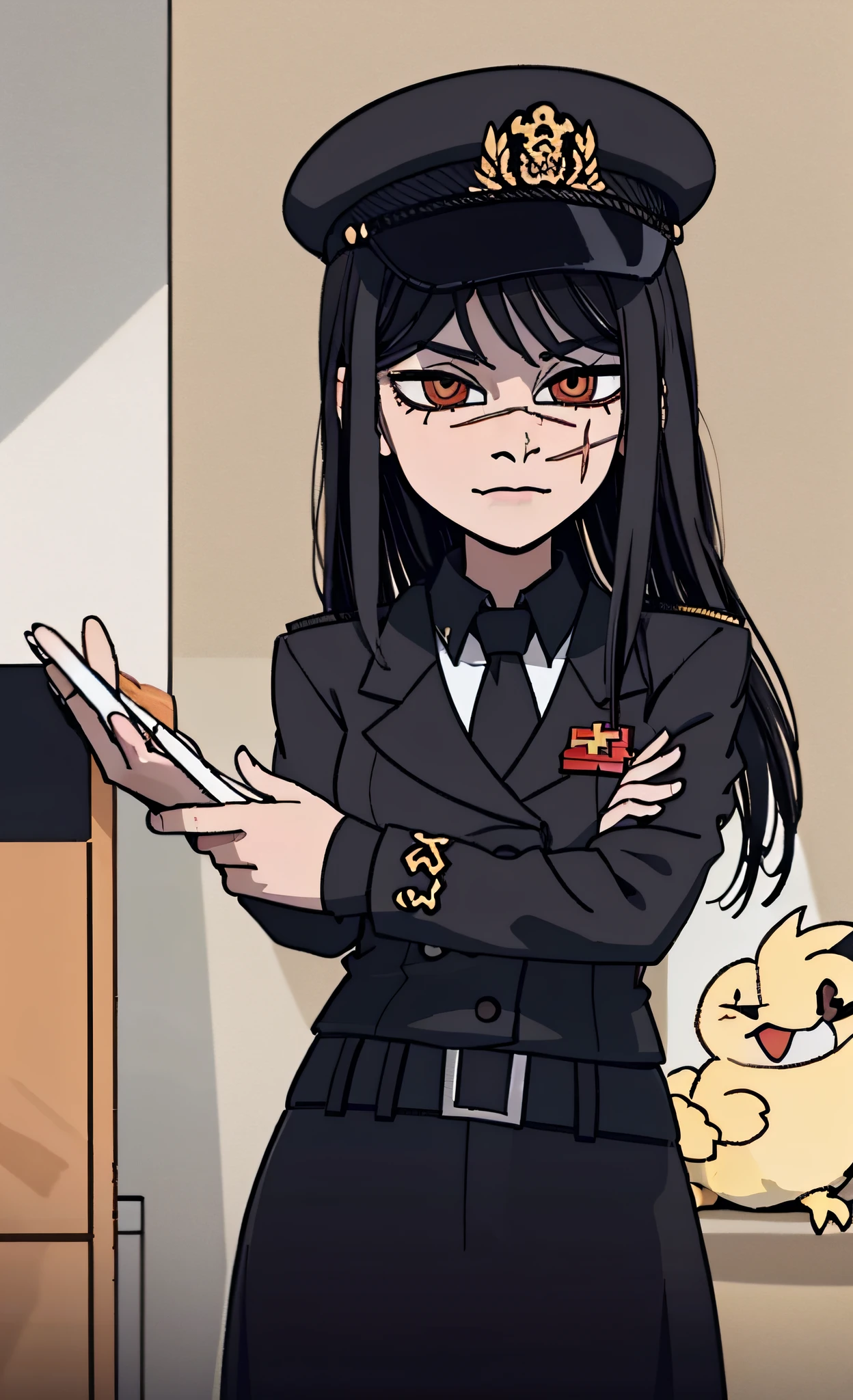 (masterpiece, best quality: 1.2), Solo, 1girl, Yoru \(Chainsaw Man\), looking at the viewer, different poses, red eye, long hair, completely black hair, reference to clothing of a German WWII general, black long sleeves (best quality), scar on face, beautiful eyes, has only 2 arms, has war medals on his clothes, Black Military Cap, Golden Eagle Medal on Clothing, (Wallpaper), (8K HD), (8K HD), Golden Shoulder Pads, Sprites, 1 Single Design