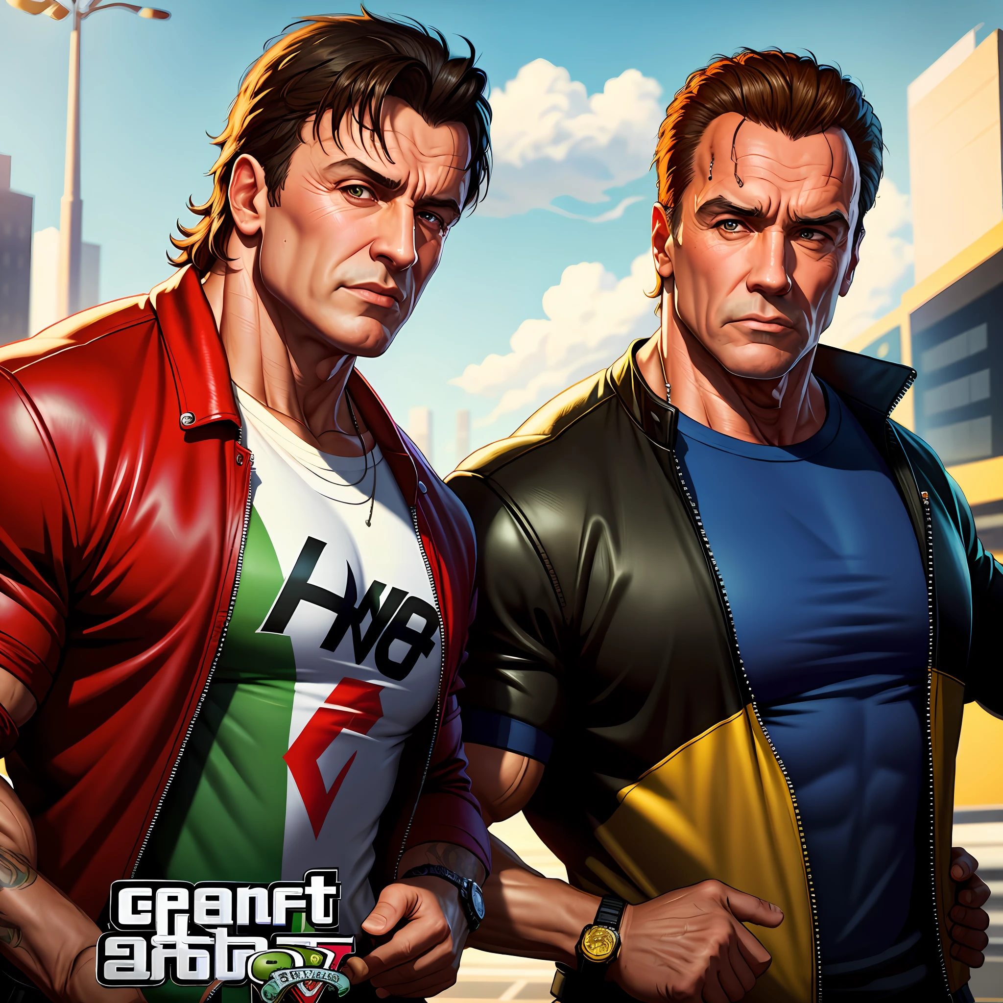 GTAV Loading Screen 2D Art, Sylvester Stallone and Arnold Schwarzenegger as GTA5 Character, cinematic composition, shaders, bright cinematic lighting, soft contrast, GTA5 loading screen, automatic bug fix