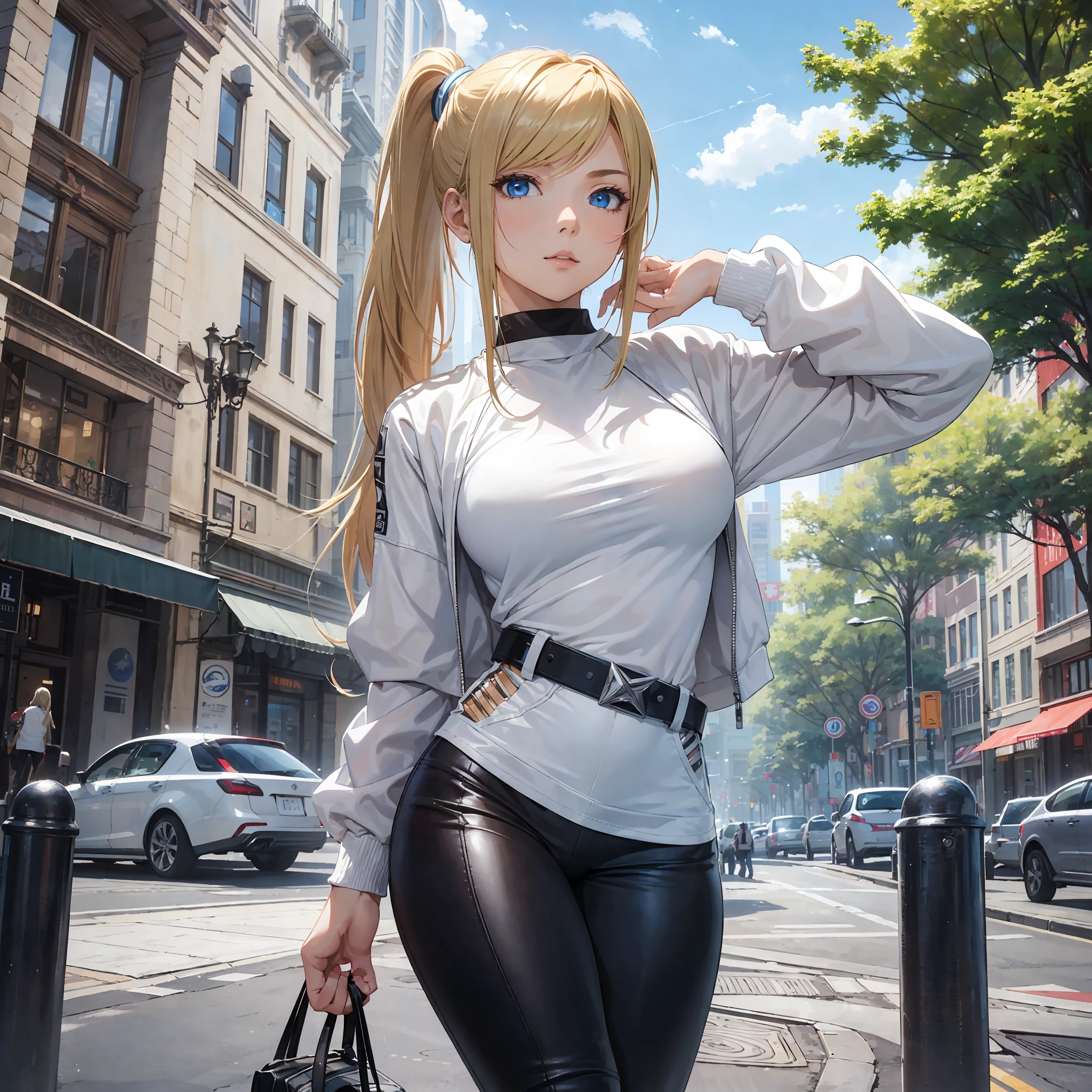 (masterpiece, best quality) 1.5, 1girl, solo, (sexy, beautiful woman, perfect face, perfect eyes), samus aran, leather legging pants with belt, white t-shirt with neckline, white sneakers, park stop, (blue eyes, blonde hair, ponytail) --auto --s2