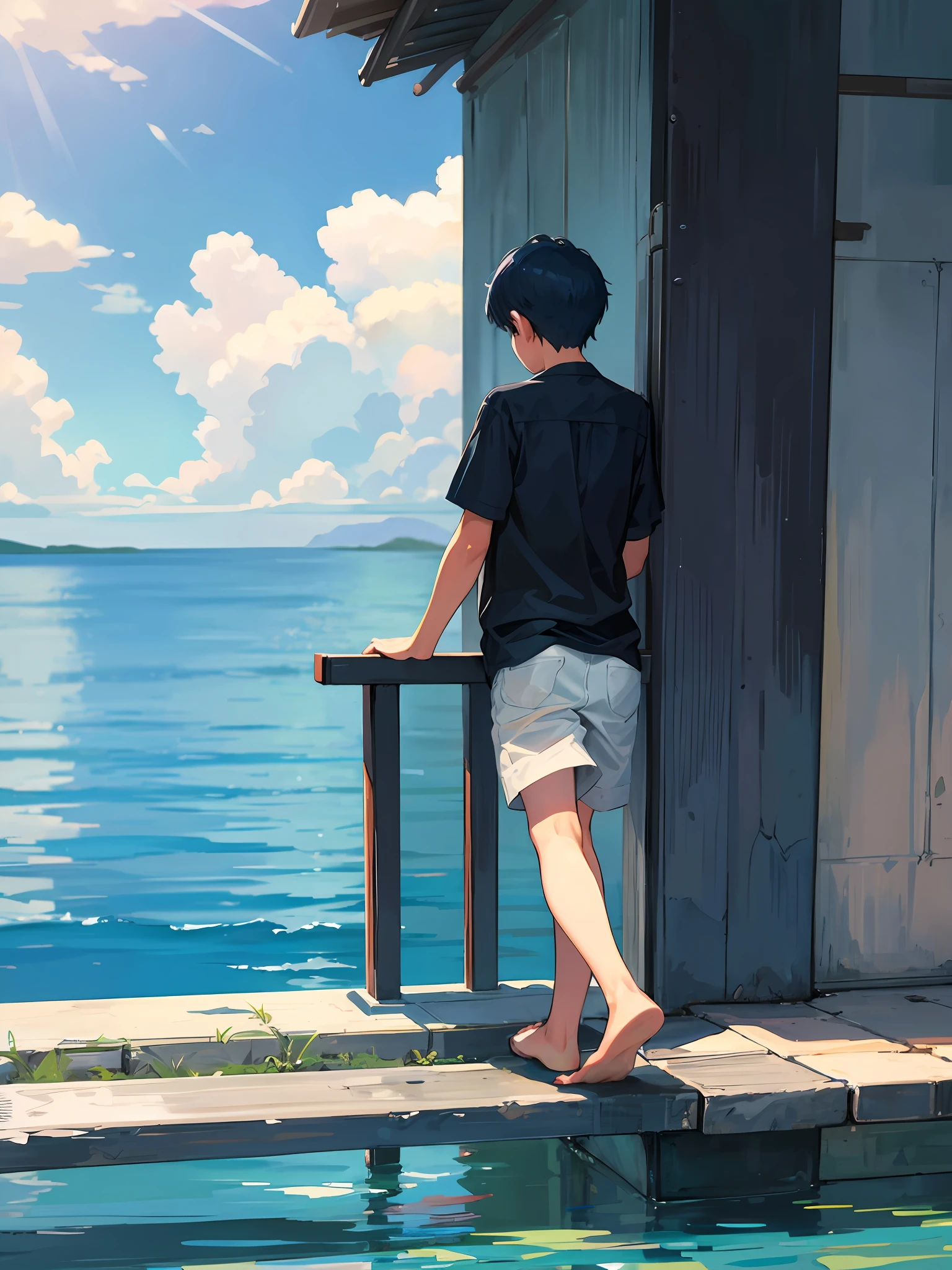 Boy and blond girl leaning on a rail, looking at the water, their backs to the camera, facing away from the camera