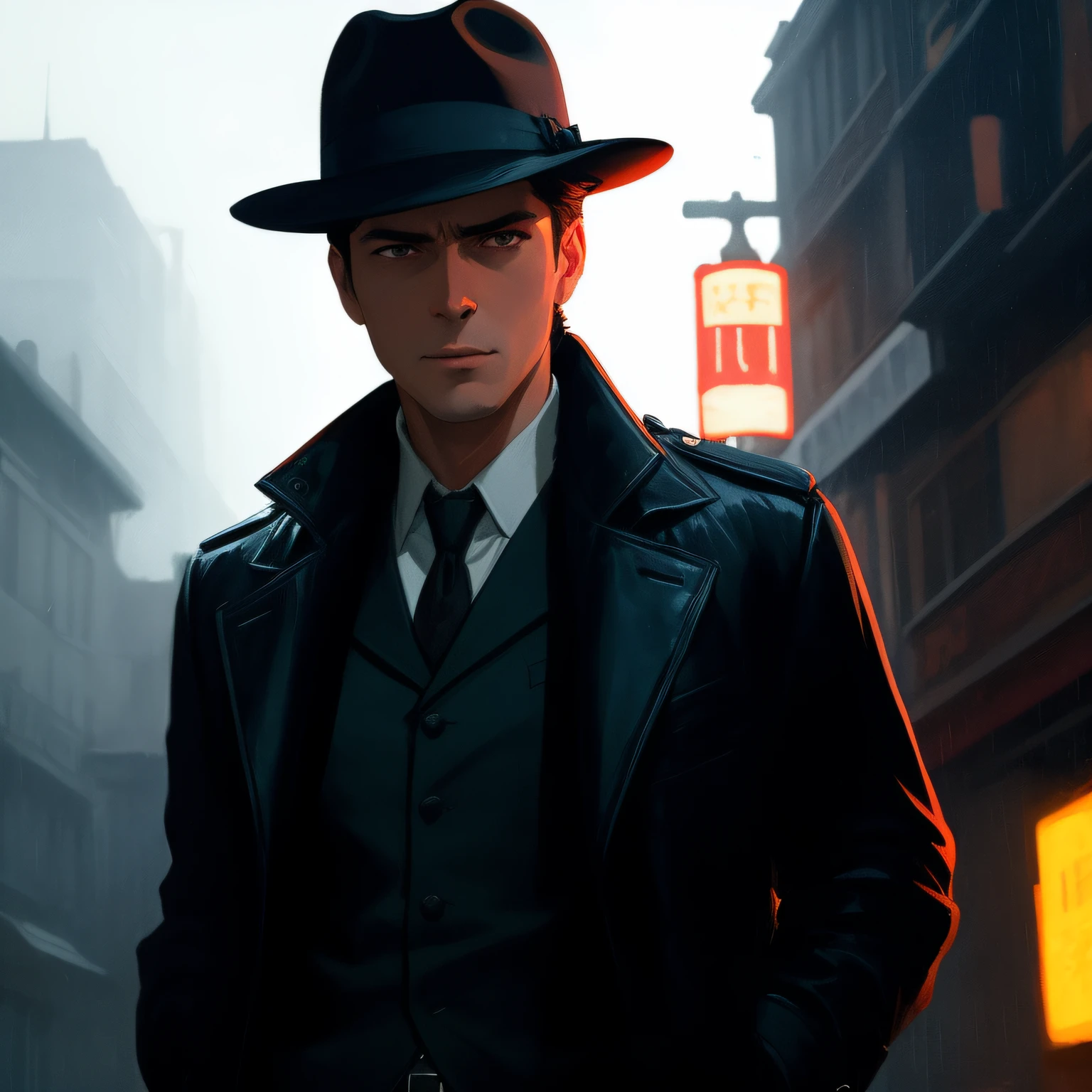 a poster for a noir detective movie called 'Gloomy Detective'. The main character, Detective Jack Frost, is a tall, dark, and brooding figure with sharp features and piercing blue eyes. He wears a fedora, a long coat, and carries a gun in a holster at his side. In the background, a dark cityscape is visible, with rain pouring down and neon lights illuminating the streets. The poster should convey a sense of mystery, danger, and moodiness, capturing the essence of the film's dark, brooding atmosphere, modelshoot style, (extremely detailed CG unity 8k wallpaper), full shot body photo of the most beautiful artwork in the world, , professional majestic oil painting by Ed Blinkey, Atey Ghailan, Studio Ghibli, by Jeremy Mann, Greg Manchess, Antonio Moro, trending on ArtStation, trending on CGSociety, Intricate, High Detail, Sharp focus, dramatic, photorealistic painting art by midjourney and greg rutkowski