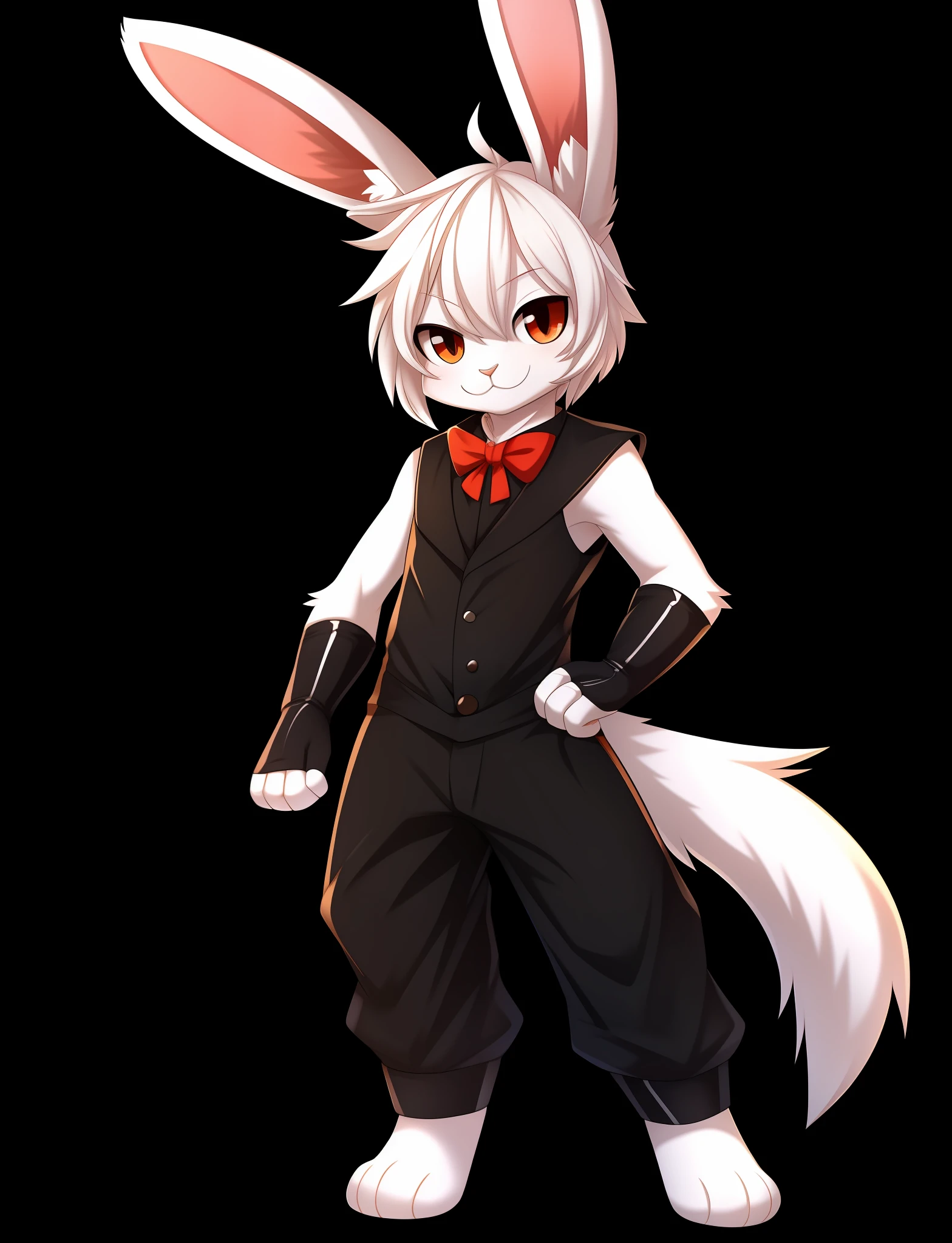 best quality, tail, solo, rabbit ears, white hair, cat tail, 1boy, gloves, animal ear fluff, standing, full body, looking at viewer, black background, rackanimal,balck background