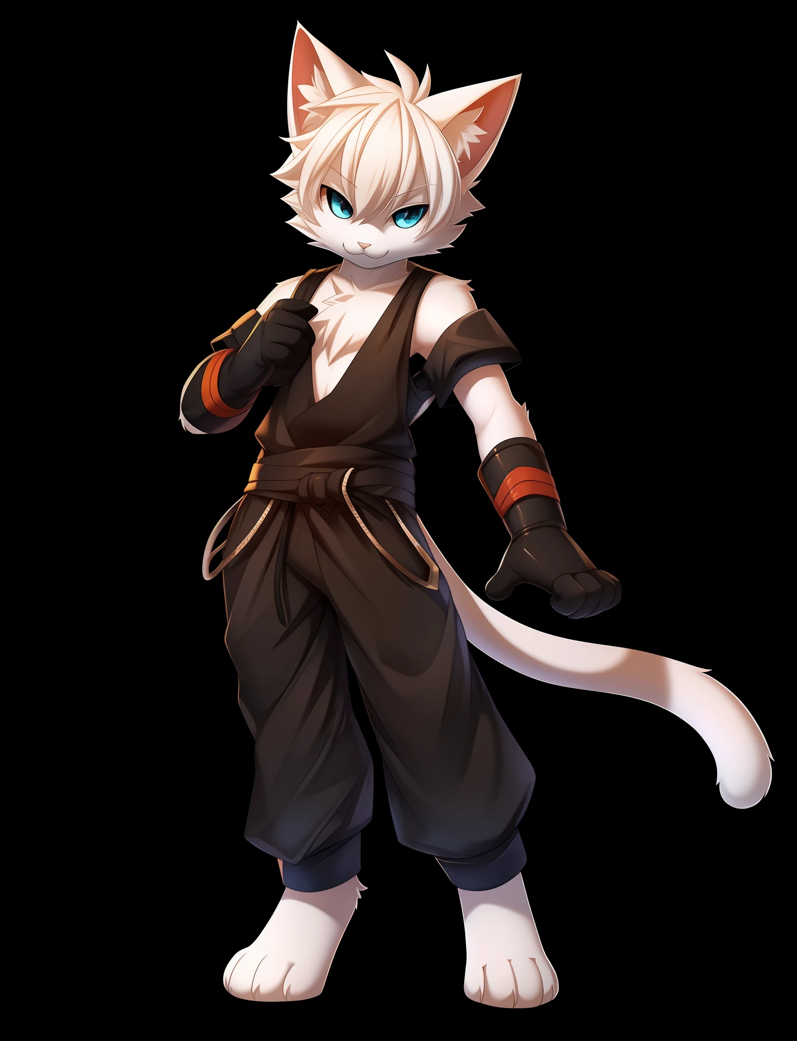 best quality, tail, solo, cat ears, white hair, cat tail, 1boy, gloves, animal ear fluff, standing, full body, looking at viewer, black background, rackanimal,balck background,