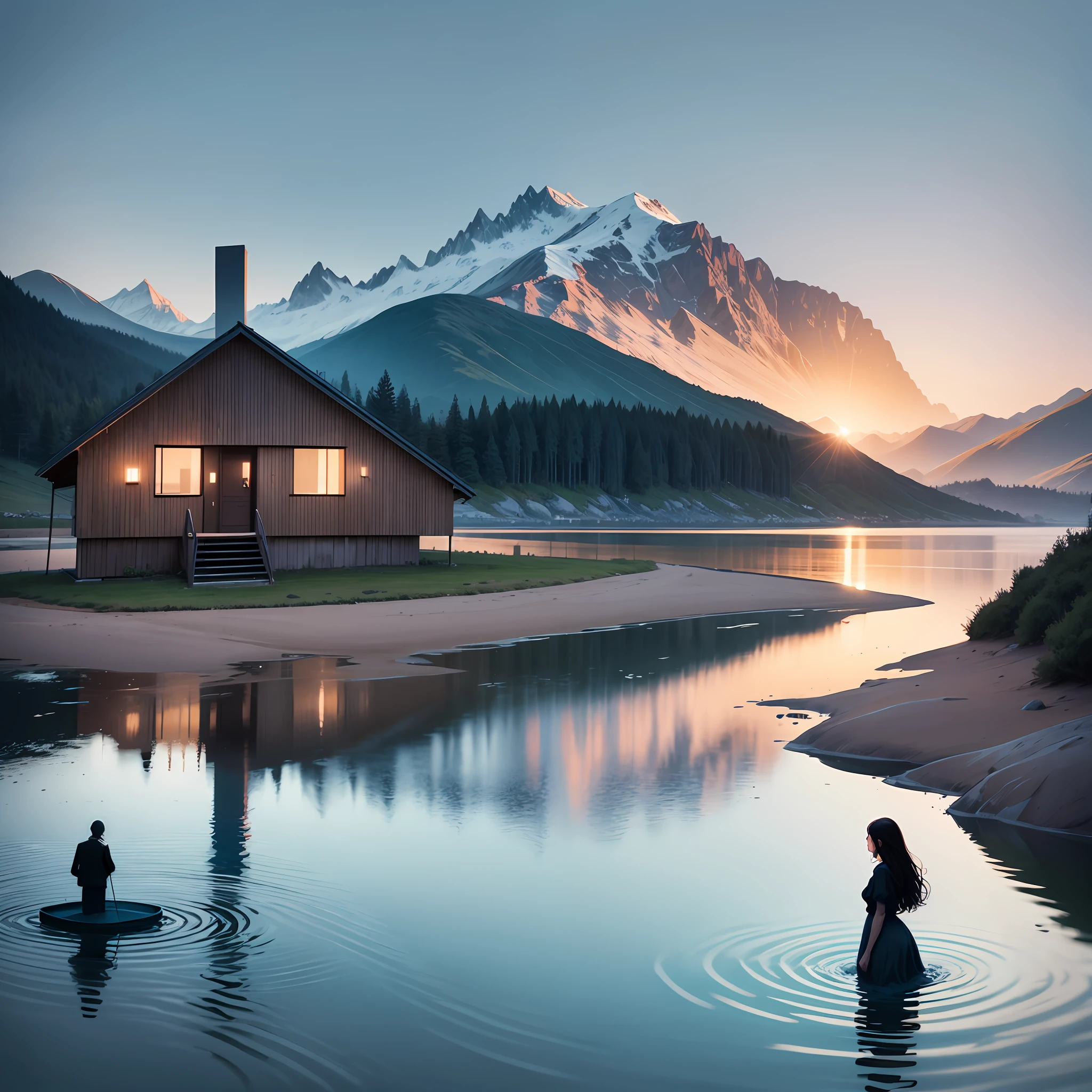 Conceptual image, a house near a river, silhouette of a woman in the water, mountain. Art : Weak colors and caricature. --auto --s2