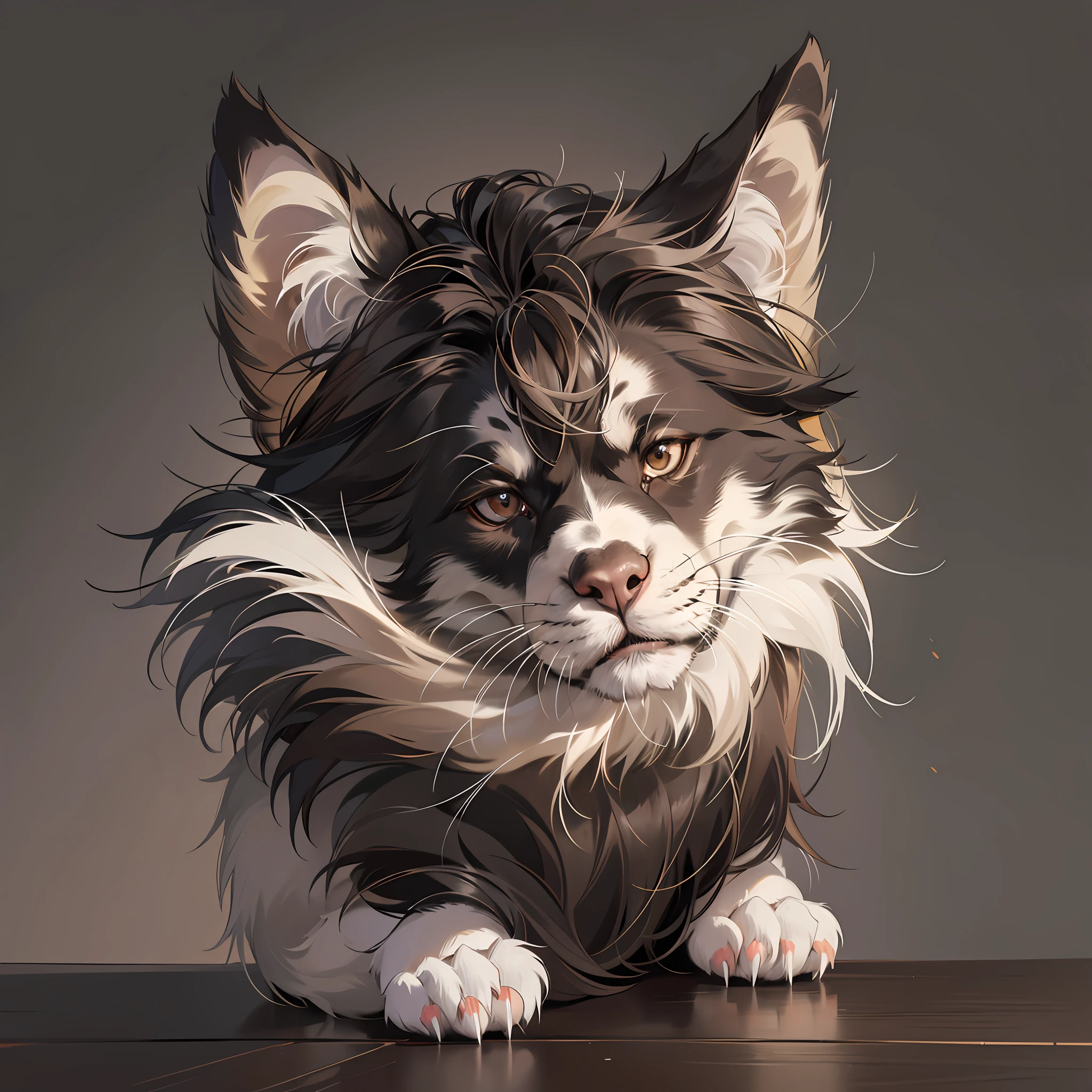 Puppy of medium size, long hair in black color and paws light brown color and hairy tail, in black color, the elongated face, in black black nose, dark brown eyes, droopy and hairy ears medium size, 8k, hyper realistic, weight 30kg --auto --s2