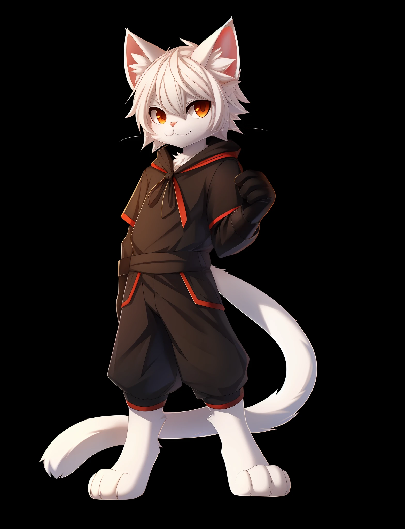 best quality, tail, solo, cat ears, white hair, cat tail, 1boy, gloves, animal ear fluff, standing, full body, looking at viewer, black background, rackanimal,balck background,