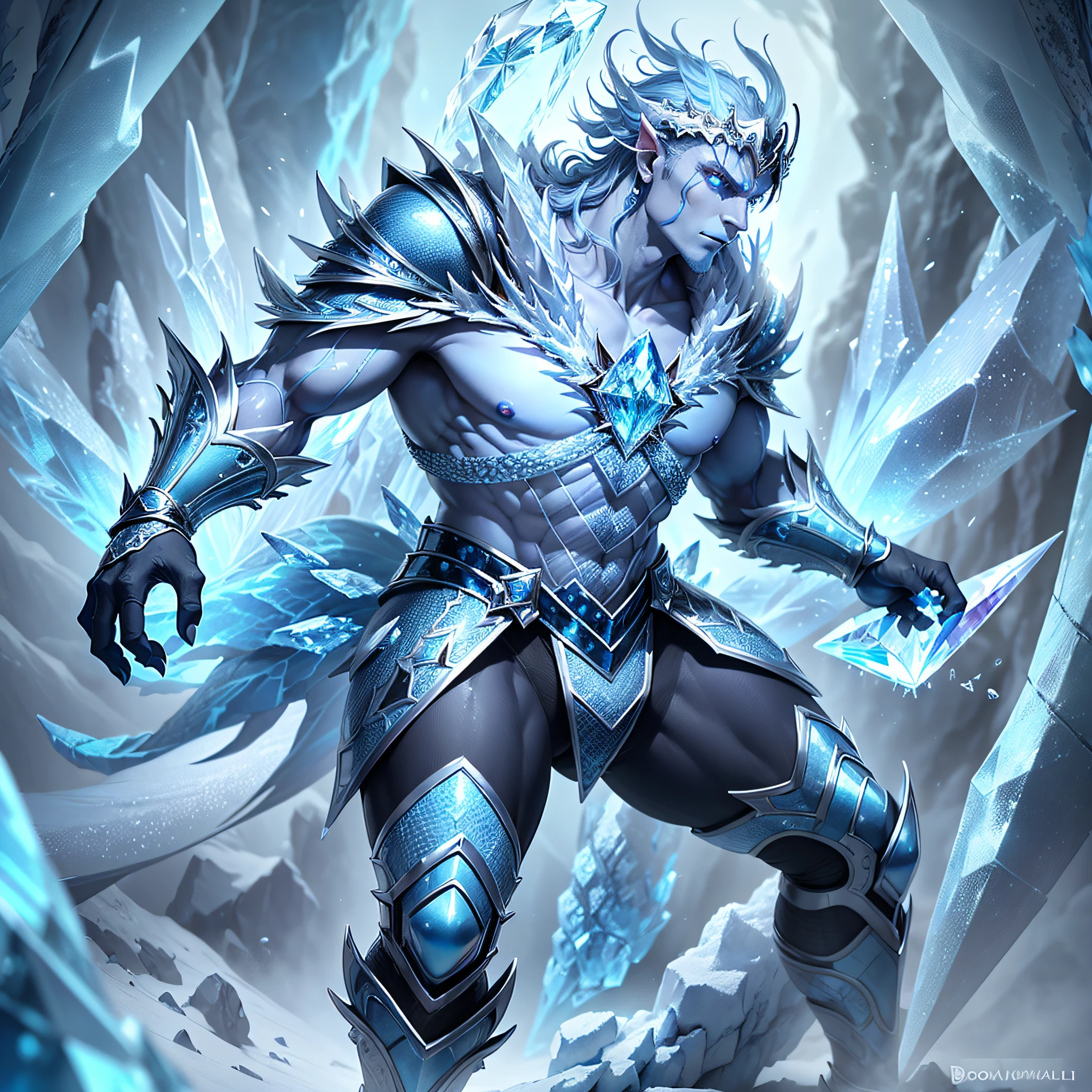 Ice Dragon Man. (((Its robust body is covered by scales of a crystal blue. blue eyes crystals))). Its translucent wings have a texture similar to ice crystals. ice caves. Cinema images.