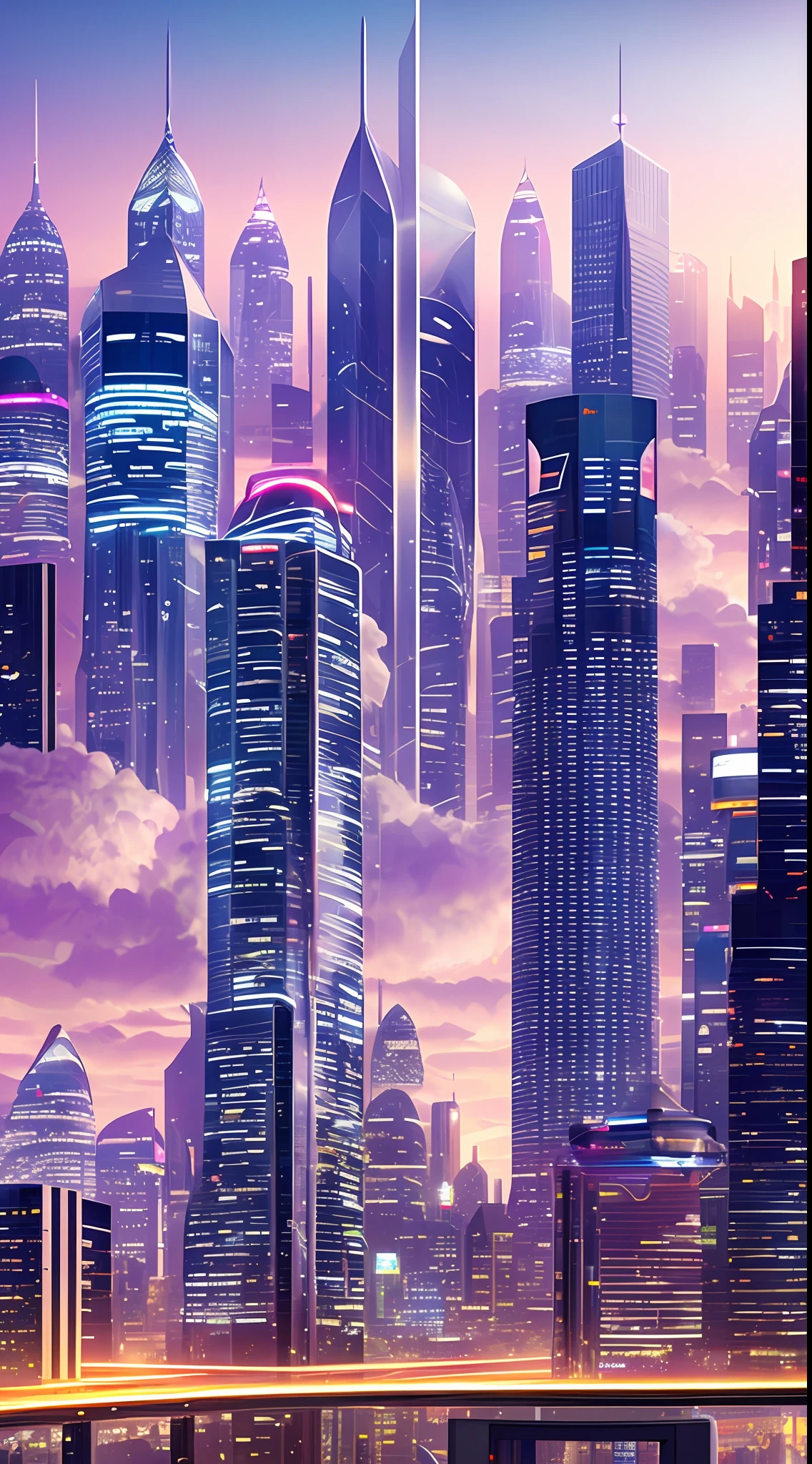Style: Concept art. The scene: Futuristic cityscapes with towering skyscrapers and sleek aerodynamic vehicles speeding through the air. High-resolution OLED GUI interfaces in the building's windows are filled with transparent data visualization infographics showing everything from weather patterns to traffic flow. Colors are saturated and vibrant, with warm pinks and purples dominating the skyline. The overall effect is both beautiful and awe-inspiring.