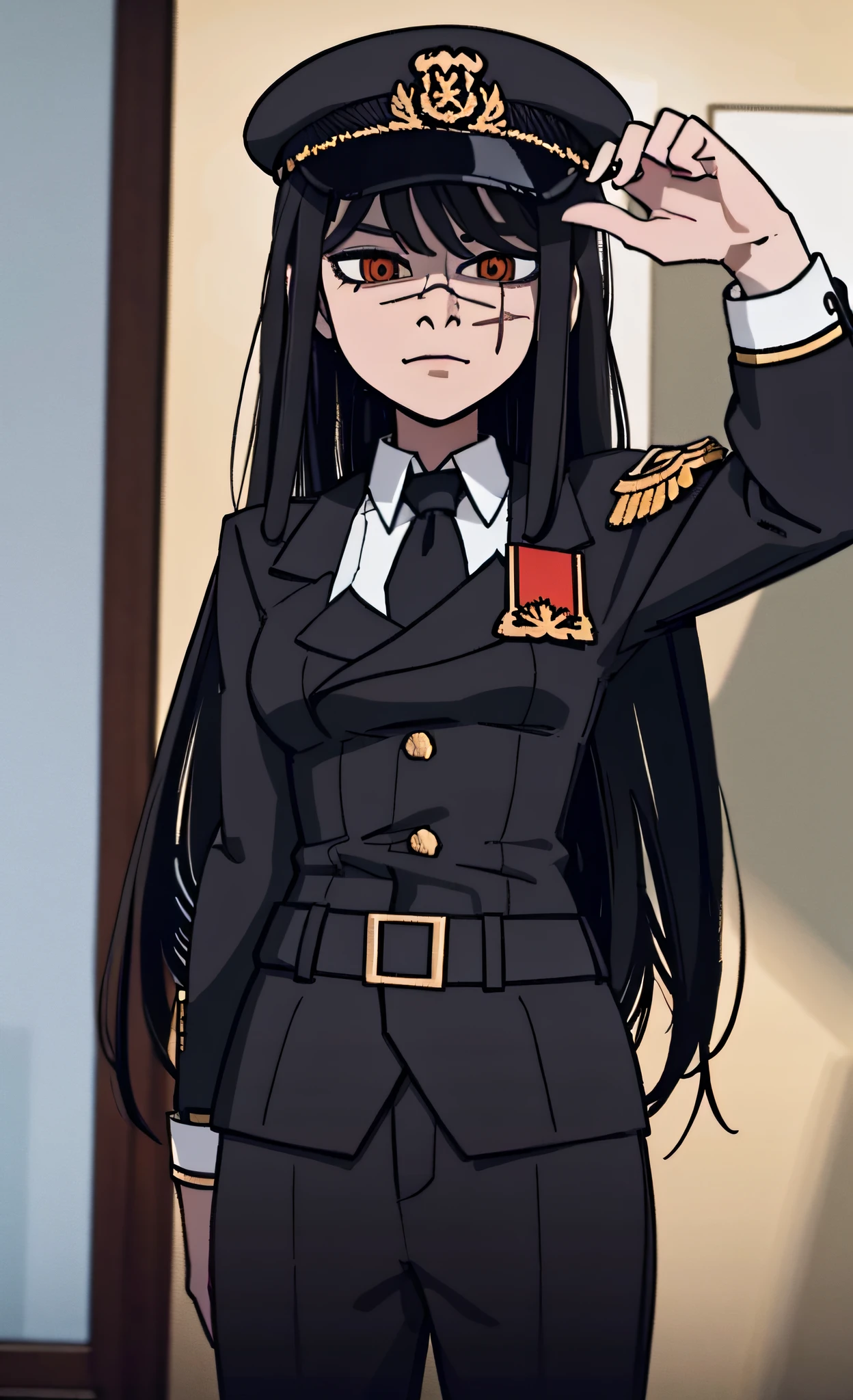 (masterpiece, best quality: 1.2), Solo, 1girl, Yoru \(Chainsaw Man\), looking at the viewer, different poses, red eye, long hair, completely black hair, reference to clothing of a German WWII general, black long sleeves (best quality), scar on face, beautiful eyes, has only 2 arms, has war medals on his clothes, Black Military Cap, Golden Eagle Medal on Clothing, (Wallpaper), (8K HD), (8K HD), Golden Shoulder Pads, Sprites, 1 Single Design