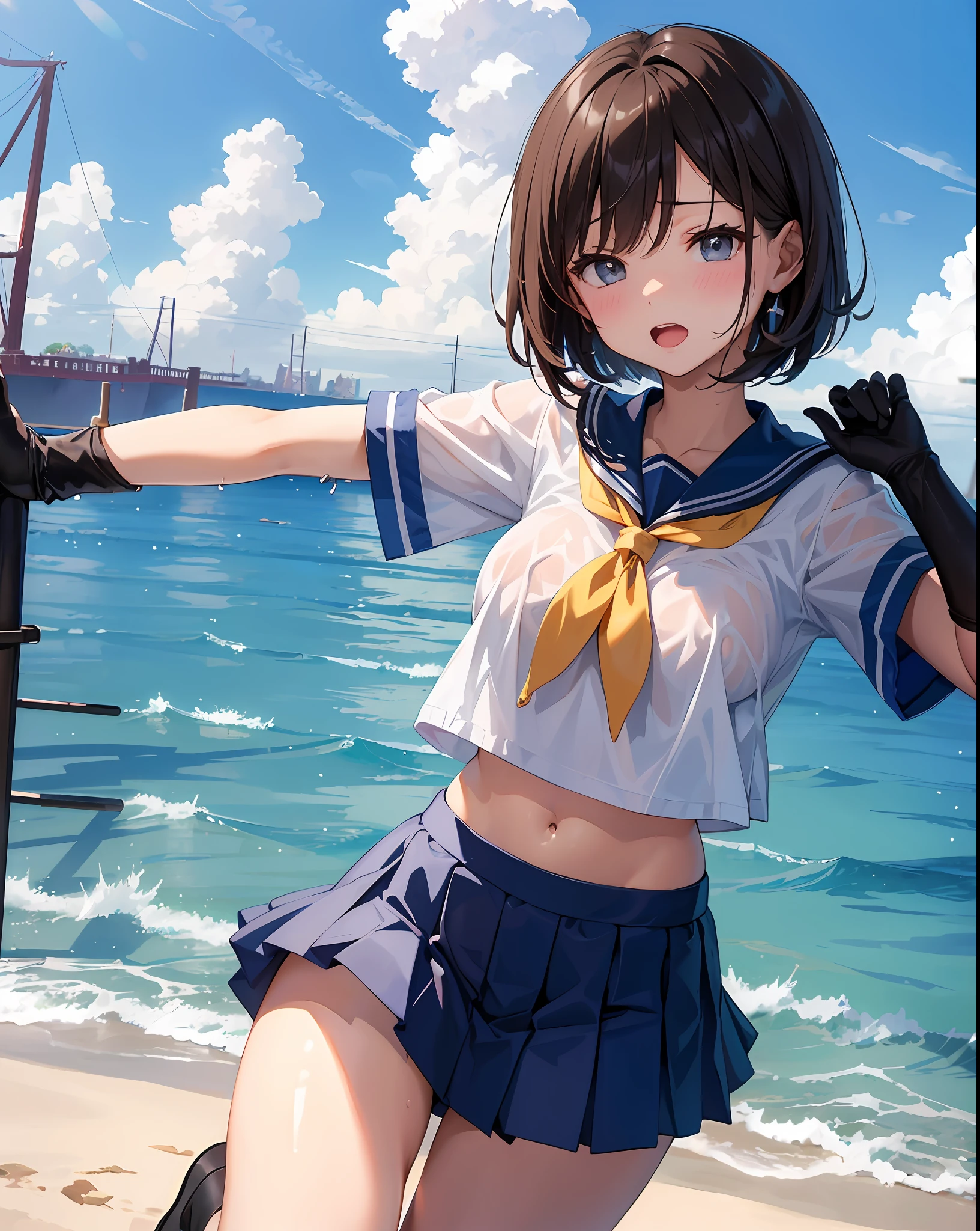 1young__女の子、ロリ、brown_hair、medium_bob_hair、blue_midriff_baring_sailor_uniform、mini_skirt、short_sleeve、太もも、big_tits,closed_eyes, 笑顔、open_mouth、立っている,harbor_background、spread_legs、幸せ、NSFW、short_gloves, wet,transparent,covered_nipples, covered_crotch, under_tits,