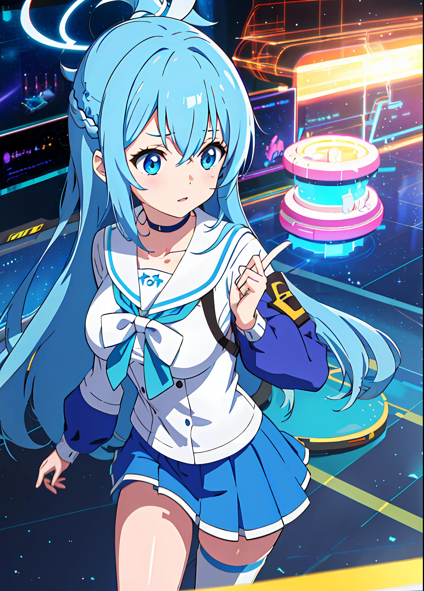 cyberpunk, best quality, detailed background, anime, 1girl, young, woman, Aqua, medium breasts, konosuba,scifi, spaceship, space, arona, blue hair, long hair, school uniform, blue shirt, white sailor collar, long sleeves, white bow tie, white choker, halo, pure