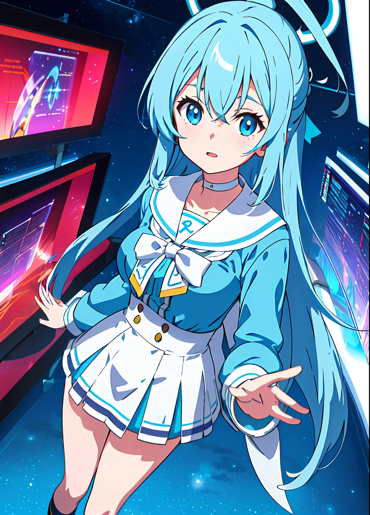 cyberpunk, best quality, detailed background, anime, 1girl, young, woman, Aqua, medium breasts, konosuba,scifi, spaceship, space, arona, blue hair, long hair, school uniform, blue shirt, white sailor collar, long sleeves, white bow tie, white choker, halo, pure