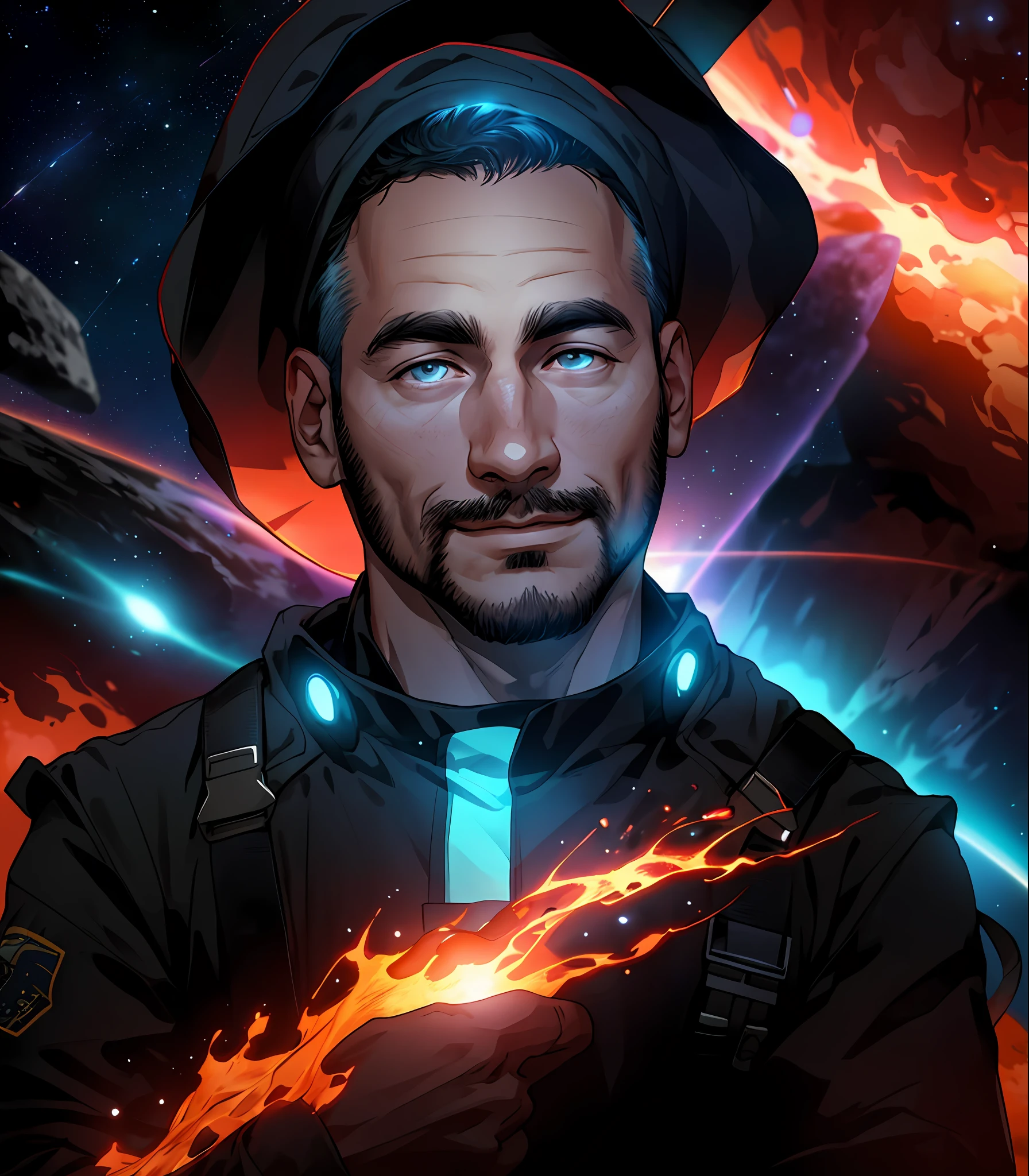 Draw a young programmer, sitting on a research platform floating in the middle of an asteroid belt. He is studying with a notebook, surrounded by several asteroids glowing with fiery auras. Dramatic lighting from distant stars and planets illuminates the scene, casting deep shadows on the suit. The young man looks confident and determined, looking at the vast and mysterious universe with wonder and respect,facial hair, cowboy shot,
