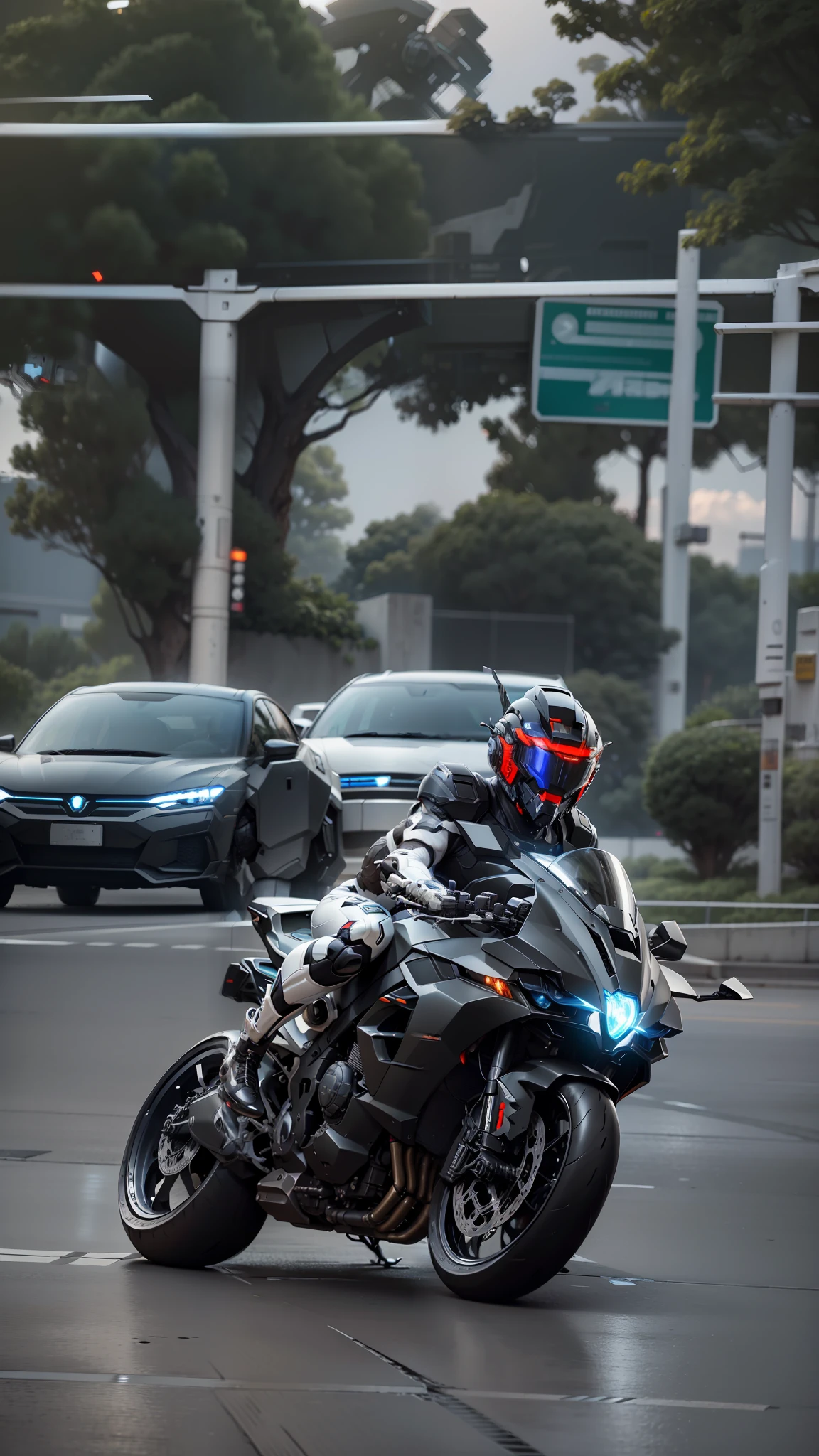 Handsome full body black mecha white short hair cyber handsome warrior, black cyber mechanical motorcycle, high-tech black full surround helmet, white short hair, Nousr, biomechanics, MSHN robot man, high-tech helmet, surreal, steel, complex design, crazy details, fine details, extremely clear lines, cinematic lighting, photo realism, detailed masterpiece