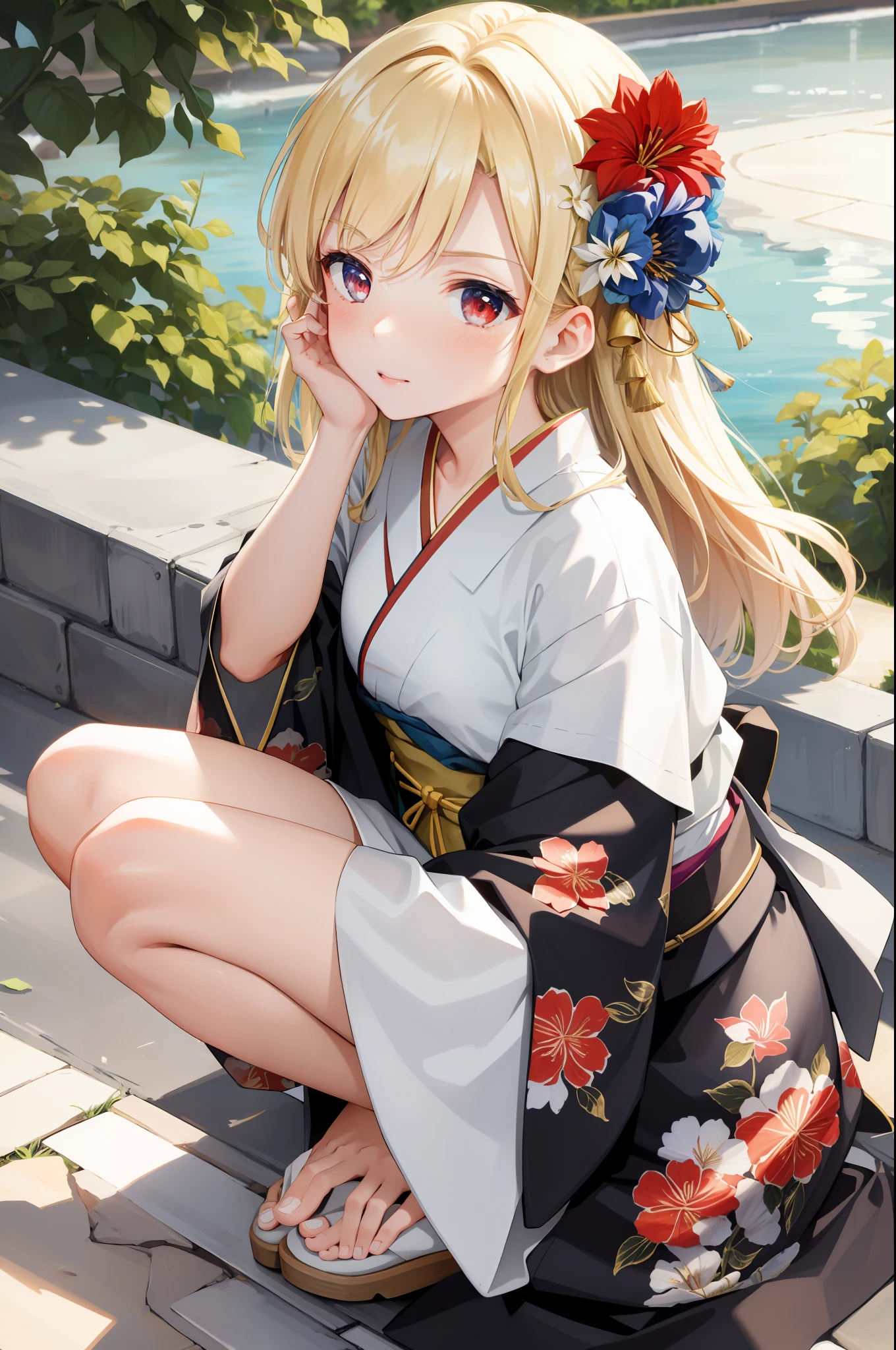 masterpiece, best quality, one girl, solo, kimono, hair flowers, floral, , sitting, hands on their knees, blonde, red eyes