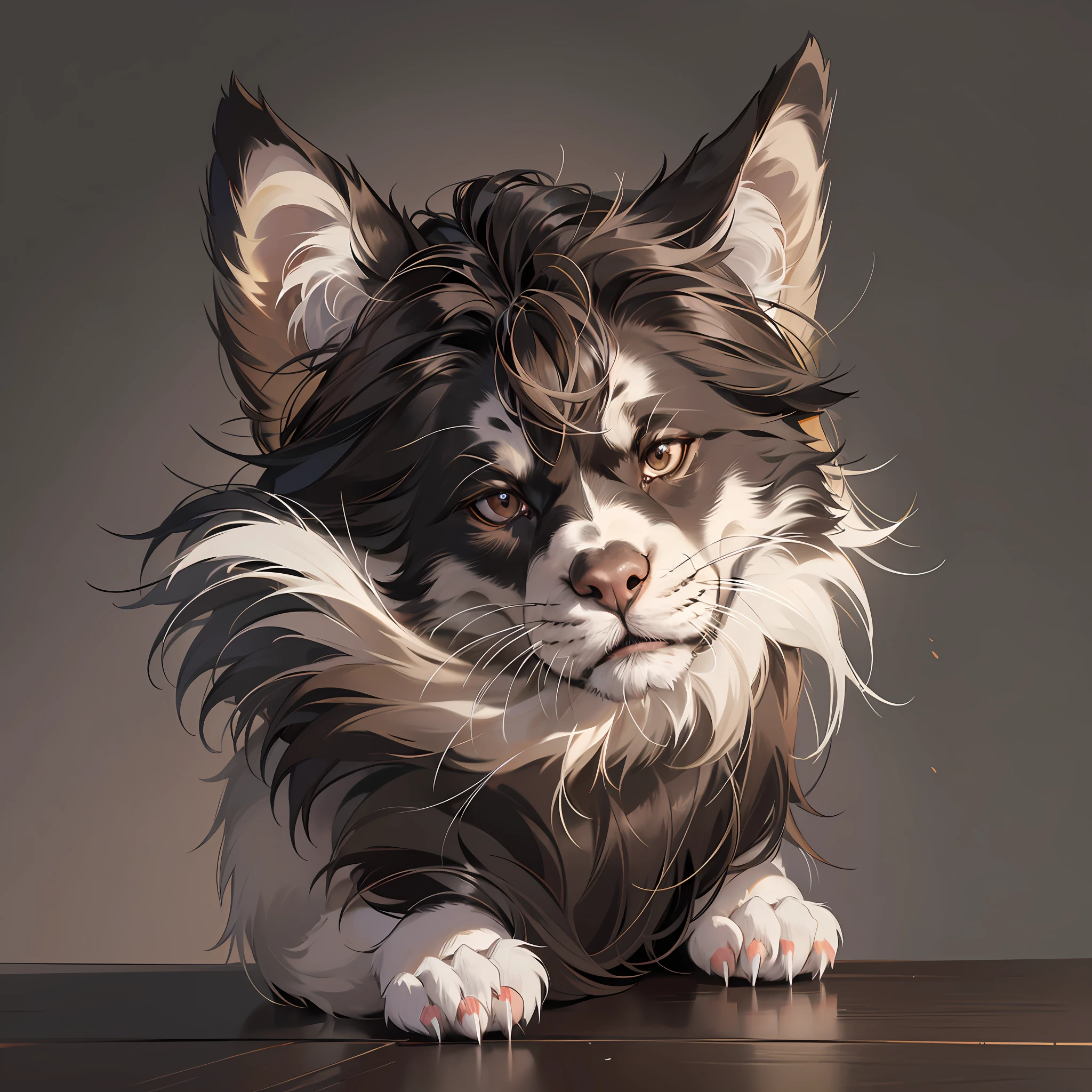 Puppy of medium size, long hair in black color and paws light brown color and hairy tail, in black color, the elongated face, in black black nose, dark brown eyes, droopy and hairy ears medium size, 8k, hyper realistic, weight 30kg --auto --s2