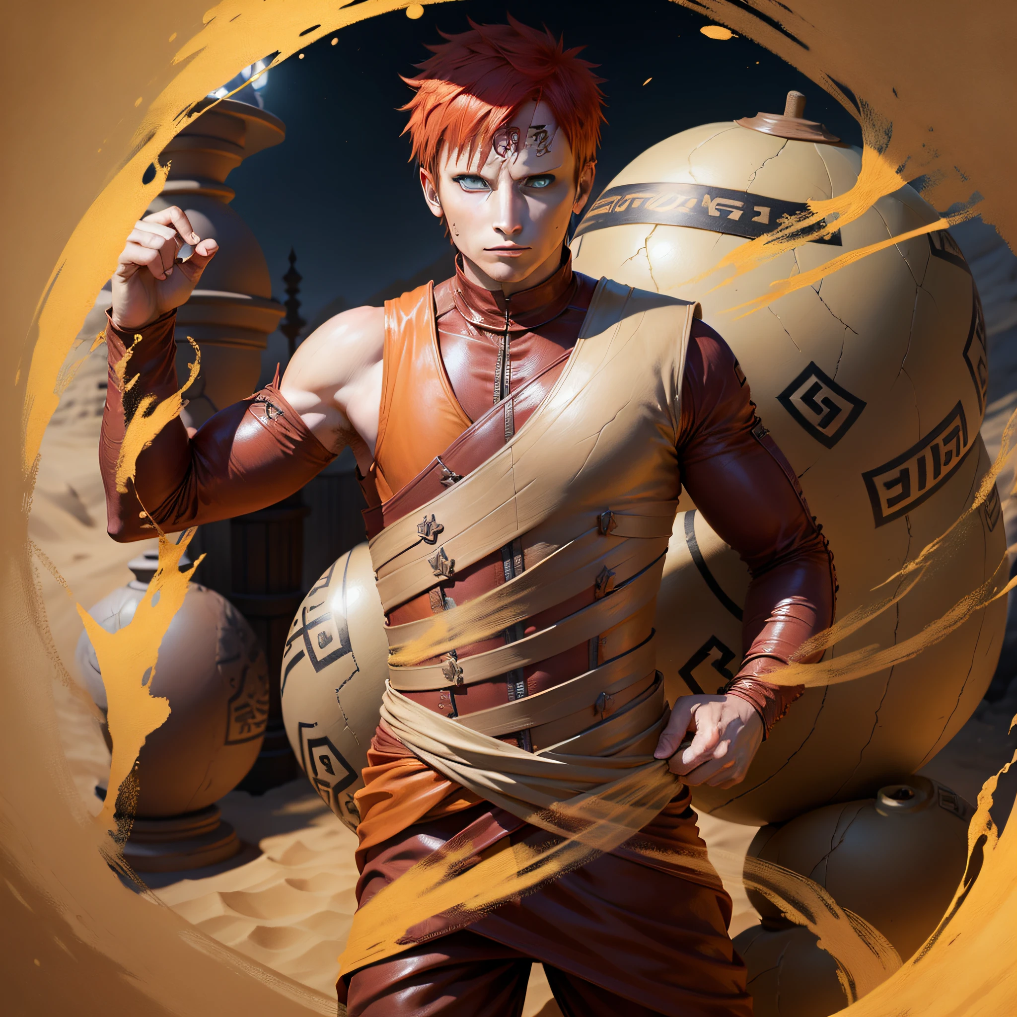 gaara, vest, face mark, fantasy, magic, ninja, parchment, gourd, 16k, dynamic pose, controlling sand, intricate details