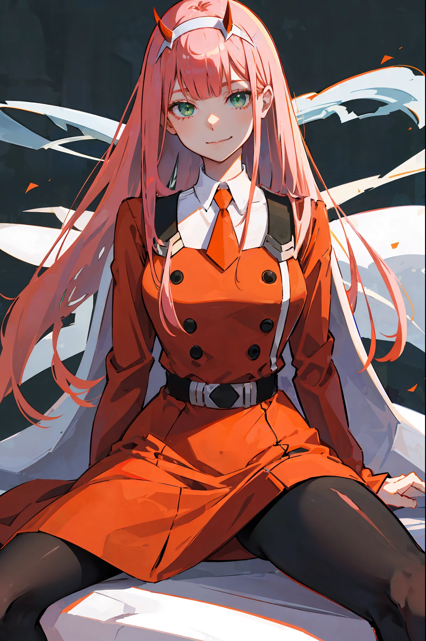 zero two \(darling in franxx\), darling in franxx, 1woman, smiling, sitting, bangs, biting, shadow, green eyes, hair behind head, horns, long hair, makeup, small breasts, red dress, orange tie, black buttons, belt, pantyhose, big thighs, pink hair, red eyeshadow, detailed background, bedroom, home, bed