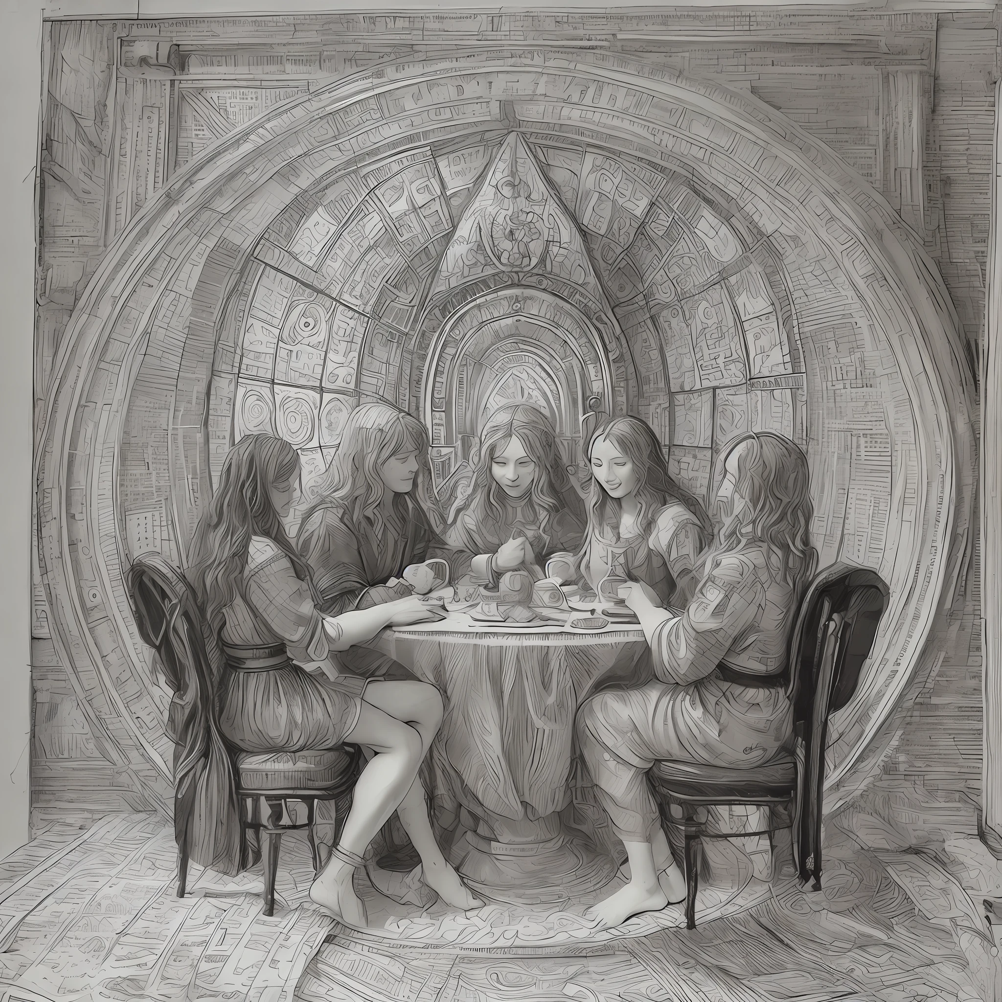 A handmade drawing in black and white on a parchment, round table, a celestial room, overnight with ((seated gods looking and smiling)), celestial, masterpiece, detailed, handmade, artbook, pencil, art, (Leonardo da Vinci), light, celestial, 4 people sitting, perfect, super detailed