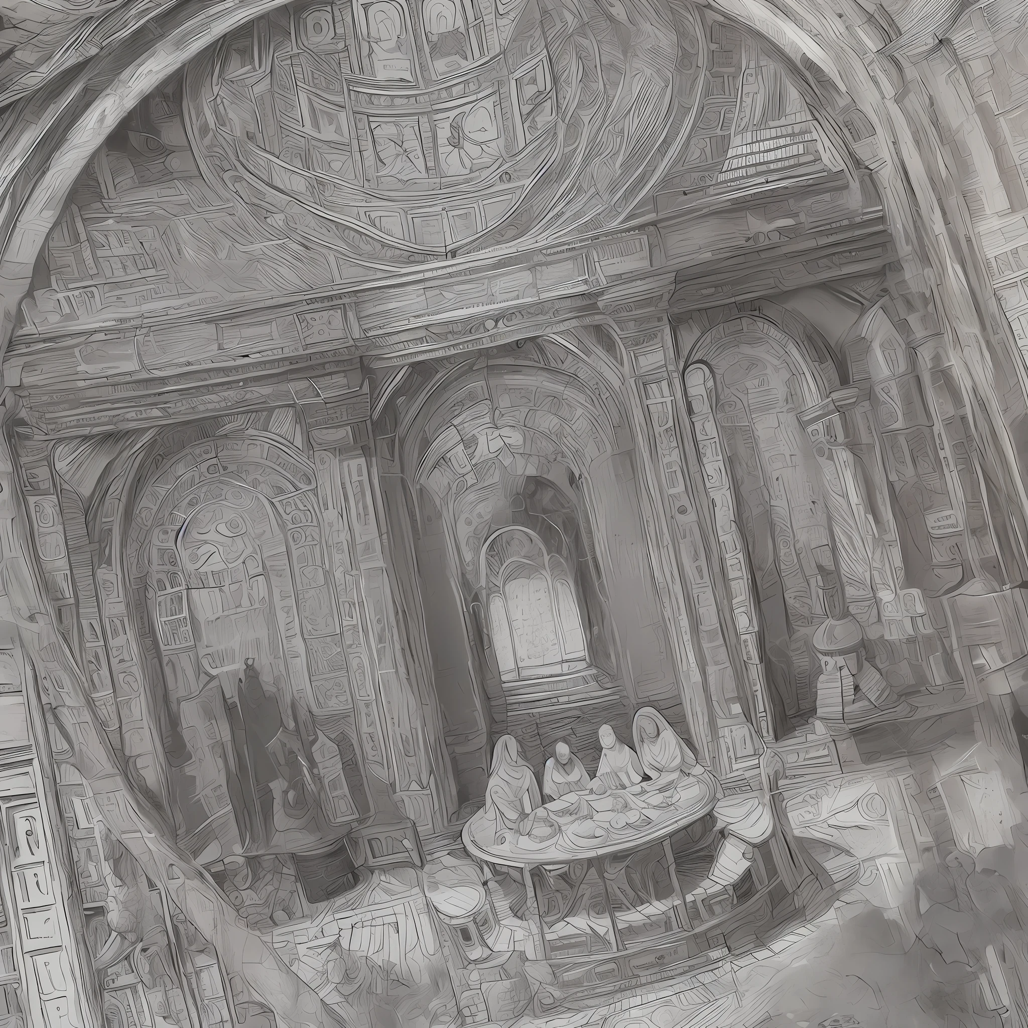 A handmade drawing in black and white on a parchment, round table, a celestial room, overnight with ((seated gods looking and smiling)), celestial, masterpiece, detailed, handmade, artbook, pencil, art, (Leonardo da Vinci), light, celestial, 4 people sitting, perfect, super detailed