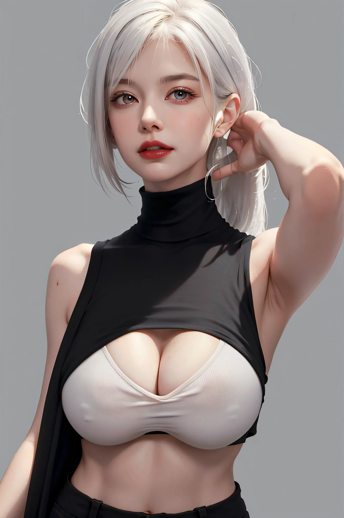 Girls, Bangs, Bare Shoulders, Black Pants, Breasts, Breasts squeezed together, Grey background, Hair between the eyes, Huge breasts, Long hair, View Viewer, Pants, Parted lips, Red eyes, Shirt, Simple background, Sleeveless, Sleeveless shirt, Solo, Turtleneck, V arm, White hair,(Shiny skin),(Masterpiece:1.4),(Best quality:1.4),,Facigirl,Red lips,Perfect abs, belly button, (nipple: 1.5), (sheer areola), nipple, huge, sweat,