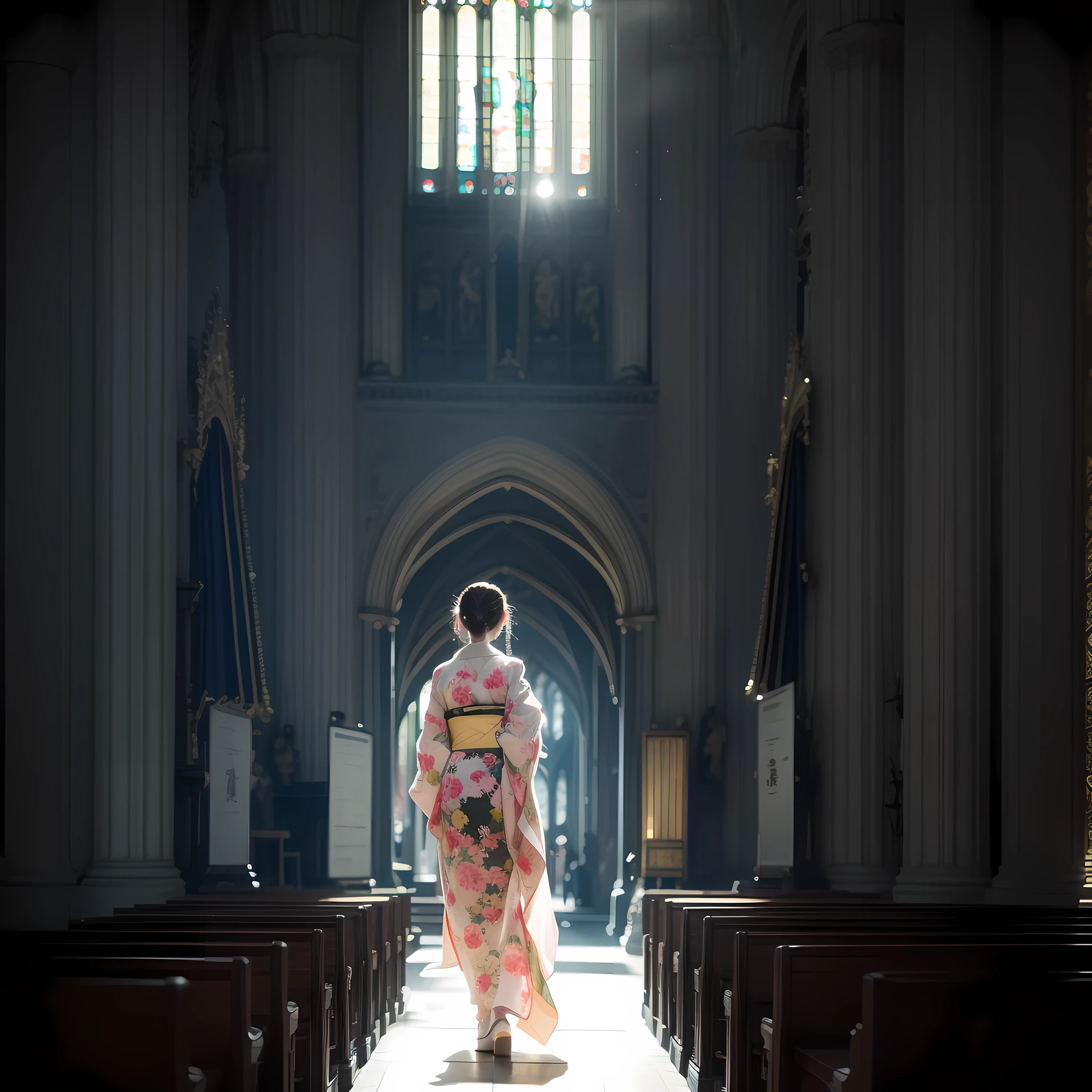 A beautiful teenage slender girl in a traditional kimono of Japan walks inside the dark church of Notre Dame Cathedral in Paris rendered in so detail. She has her back to me and I can't see her face. The floor beneath her feet shines beautifully reflecting the afternoon light. Her shadow stretches towards us. She is heading for the exit. Her garments shine beautifully in the afternoon light shining through the church's skylight. The kimono is translucent and transmits light, creating a projection on the floor. The kimono is traditional yet colorful, with a refined thin fabric and a soft fabric. Small breasts, Best quality, Realistic, Photorealistic, Best quality, Masterpiece, Very delicate and beautiful, Very detailed, Fine detail, Ultra detail, High resolution, Very detailed, Realistic, Ultra high definition, Best quality, Ultra high definition, High quality textures