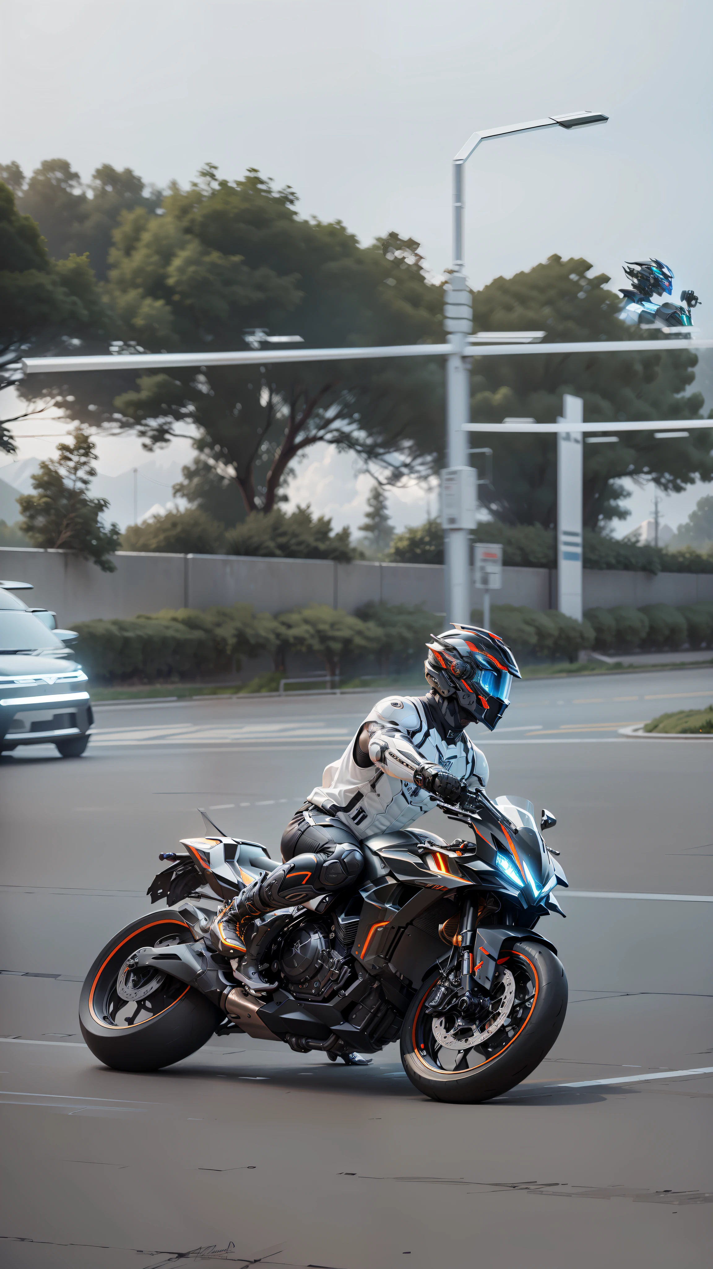Handsome Cyber Male Warrior and Cyber Mechanical Motorcycle, Full Body Exquisite High-Tech Armor, Exquisite Black Tech Helmet, Nousr, Biomechanics, MSHN Robot Man, High-Tech Helmet, Hyperreal, Steel, Intricate Design, Crazy Details, Fine Details, Extremely Clear Lines, Cinematic Lighting, Photo Realistic, Detailed Masterpiece