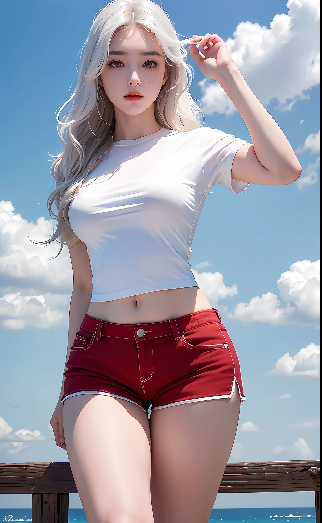 (Masterpiece, realistic, high resolution), (1 girl): 1.2), Korean, ((white wavy hair): 1.3), (heterochromic eyes: 1.1, thick eyebrows, small moles under the eyes), tie, (white shirt, red sports shorts), ((medium breasts): 1.2, thighs), outdoor, blue sky and white clouds