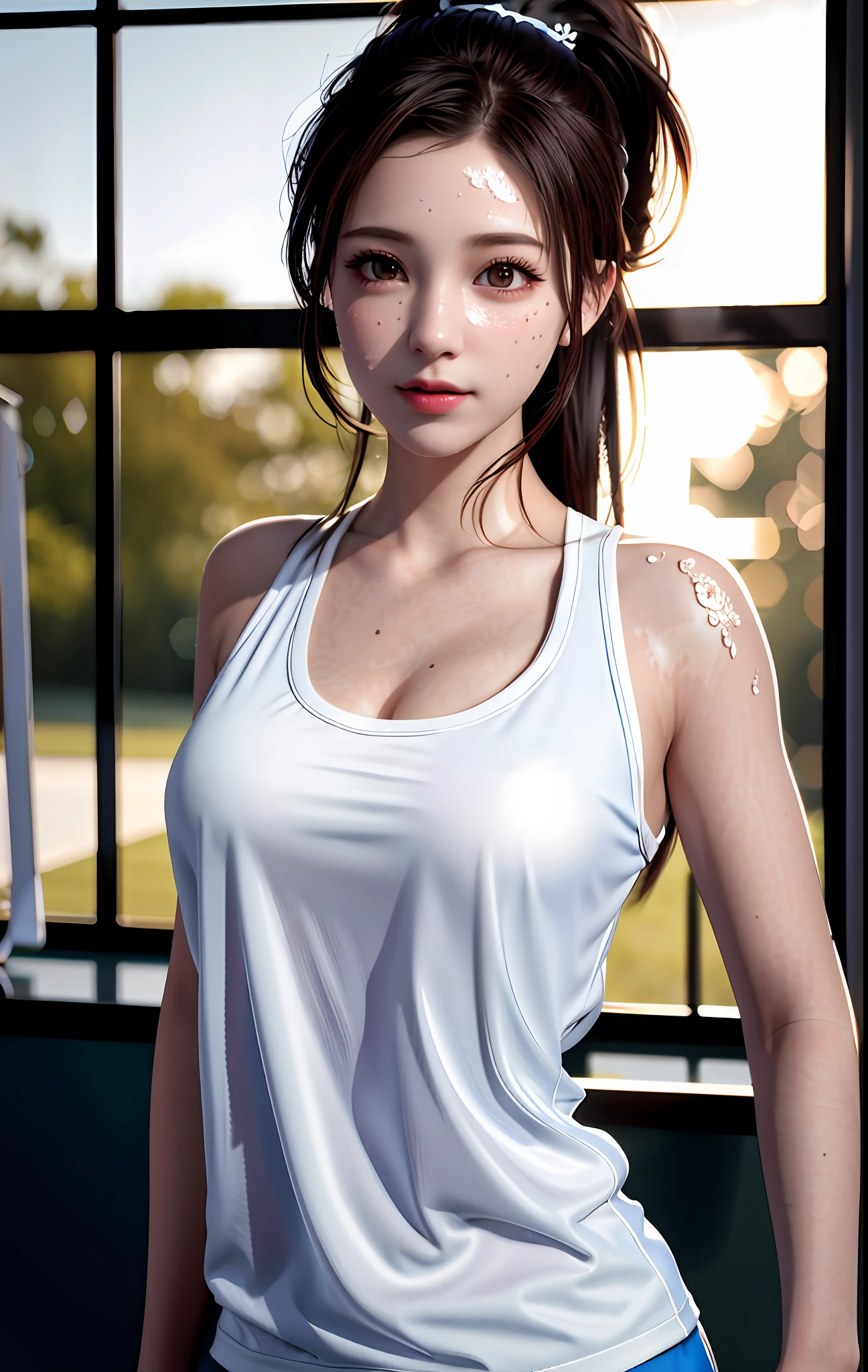 best quality, masterpiece, high_res, 1girl, Beautiful face, photo realistic, rim lighting, (high detailed skin:1.2), 8k uhd, dslr, high quality, high resolution, 4k, 8k, Bokeh, medium breasts, absurdres, ponytail contorted, best ratio four finger and one thumb, drenched shirt, drenched body, no bra, (realistic:1.2), white gym uniform, dimly lit, backlighting, dark, highly detailed