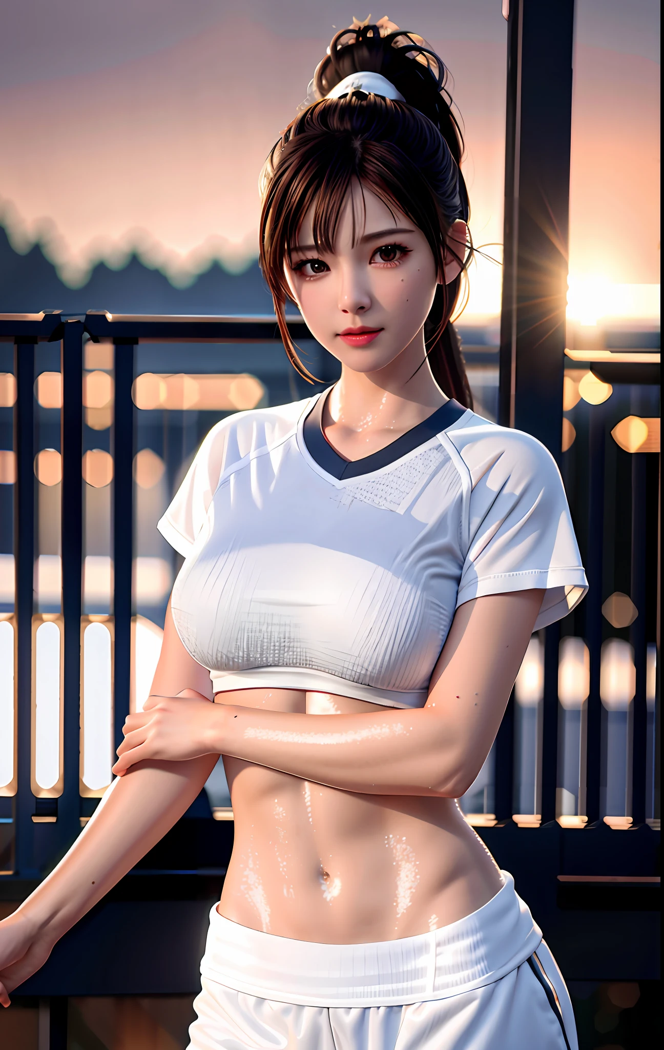 best quality, masterpiece, high_res, 1girl, Beautiful face, photo realistic, rim lighting, (high detailed skin:1.2), 8k uhd, dslr, high quality, high resolution, 4k, 8k, Bokeh, medium breasts, absurdres, ponytail contorted, best ratio four finger and one thumb, drenched shirt, drenched body, no bra, (realistic:1.2), white gym uniform, dimly lit, backlighting, dark, highly detailed