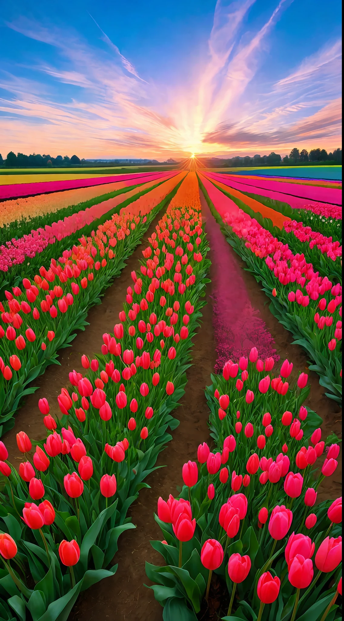 Spring,tulip field,sunset,beautiful sky,
distant viewwide angle