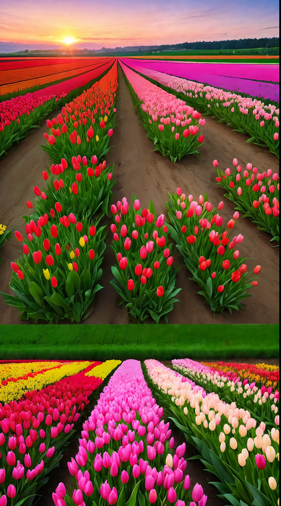 Spring,tulip field,sunset,beautiful sky,
distant viewwide angle