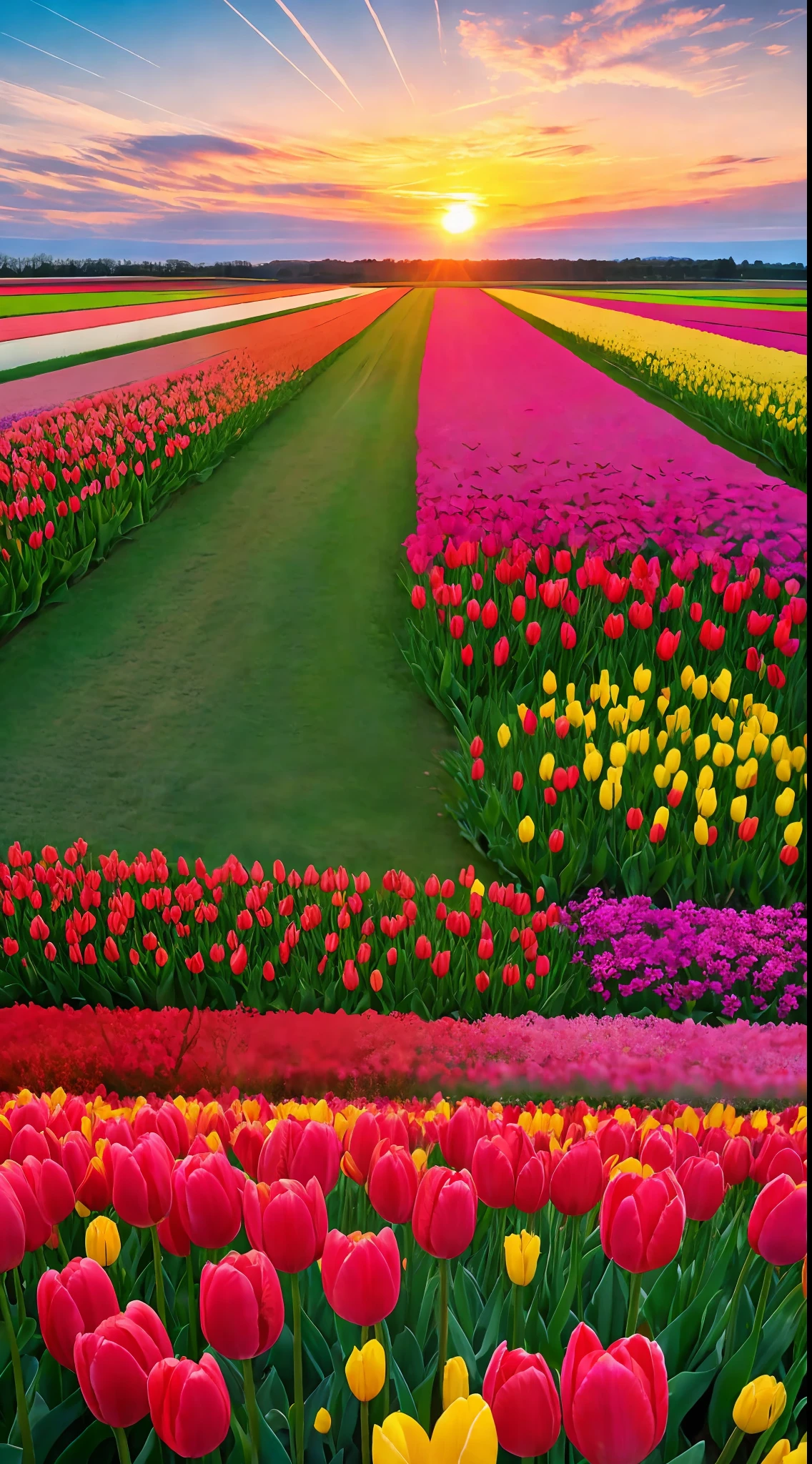 Spring,tulip field,sunset,beautiful sky,
distant viewwide angle