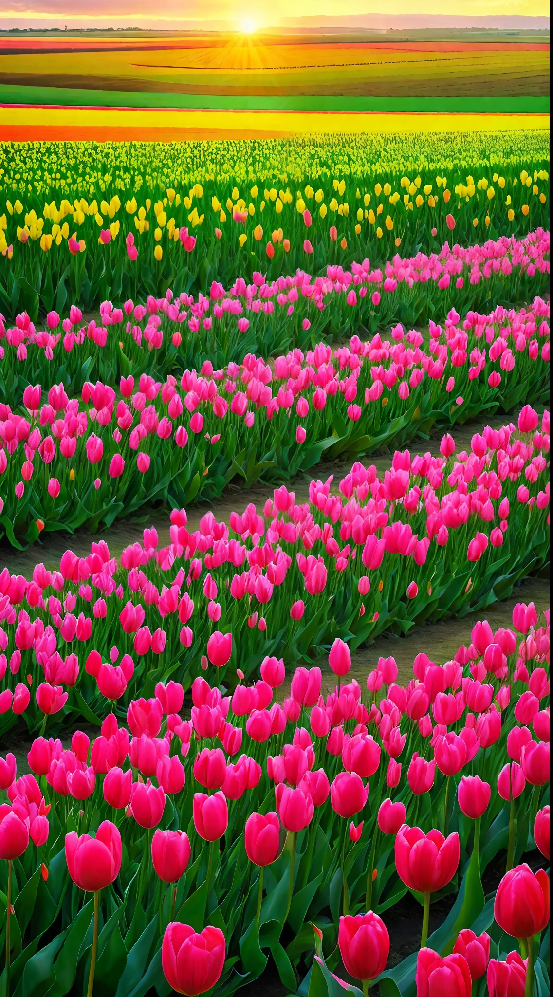 Spring,tulip field,sunset,beautiful sky,
distant viewwide angle