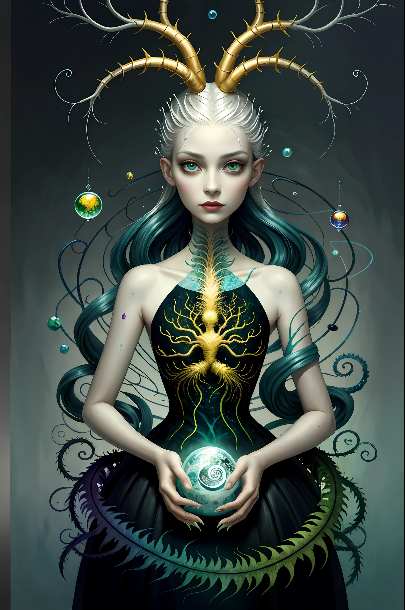 colorpop style, pointy hair, silver skin, natalie shau, mark ryden, alberto seveso, brooke shaden, anna dittmann, flora borsi, yin yang anthill, ant, lily, insect, fern, beautiful full body photo with oil painting, with thick brushstrokes and wet paint, fibonacci, golden ratio, melted wax, visible brush strokes, surrounded by crystal ball, 3D Mosaic wireframe, neural graphics, neurons, tree of life, color, love, passion, oil on canvas, thick brush strokes, crazy details, 8k uhd, masterpiece, art station, surrealism