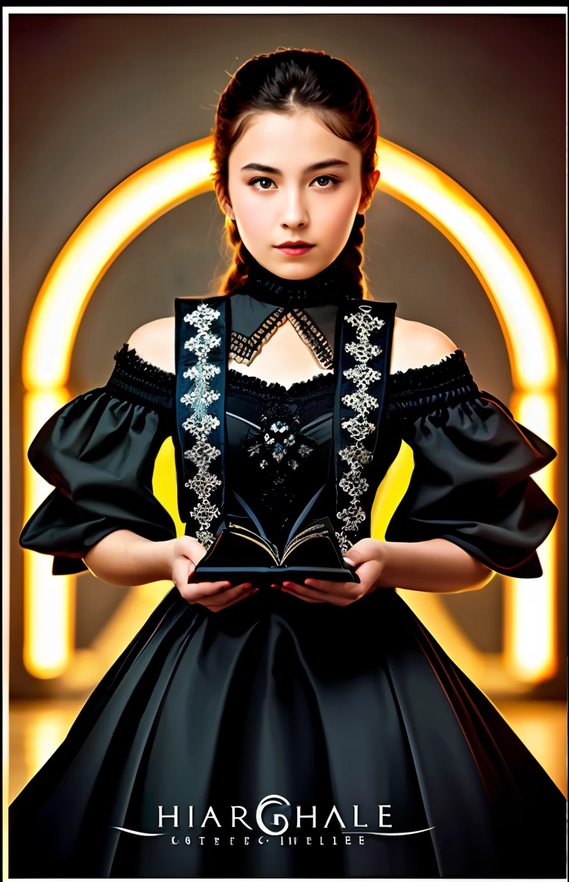 RAW photo, eliol69, (high detailed skin:1.2), 8k uhd, dslr, soft lighting, high quality, film grain, Fujifilm XT3, 8k photorealistic vfx 3d render of a hyperrealistic image of a young female with 2 long ponytail hair tied with red ribbons, face is pale with blue glowing eyes and wearing gothic black full covered dress and both arms holding on to an ancient-looking, magical, hard-covered thick book in a whitish devilish background