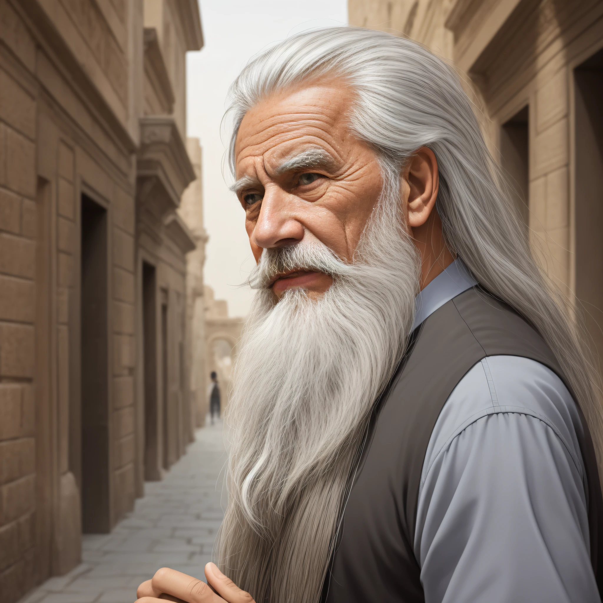 Scene of a young man, black hair, brown eyes, talking to a wise old man, long gray hair, long gray beard, in a setting of an ancient city